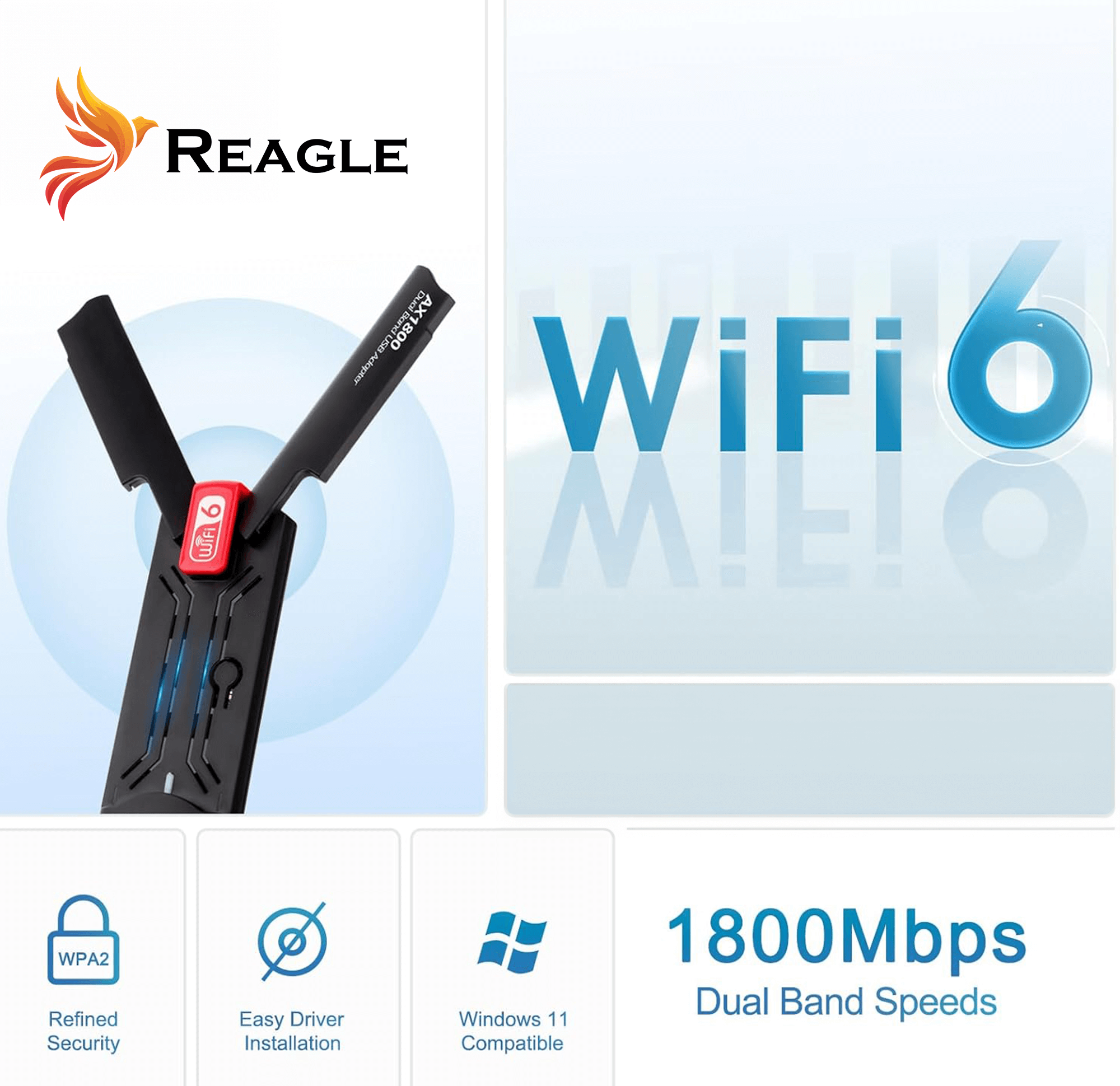 Czarny i czerwony router WiFi 6 z antenami. Tekst: WiFi 6, 1800 Mb/s. Niebieskie tło gradientowe.