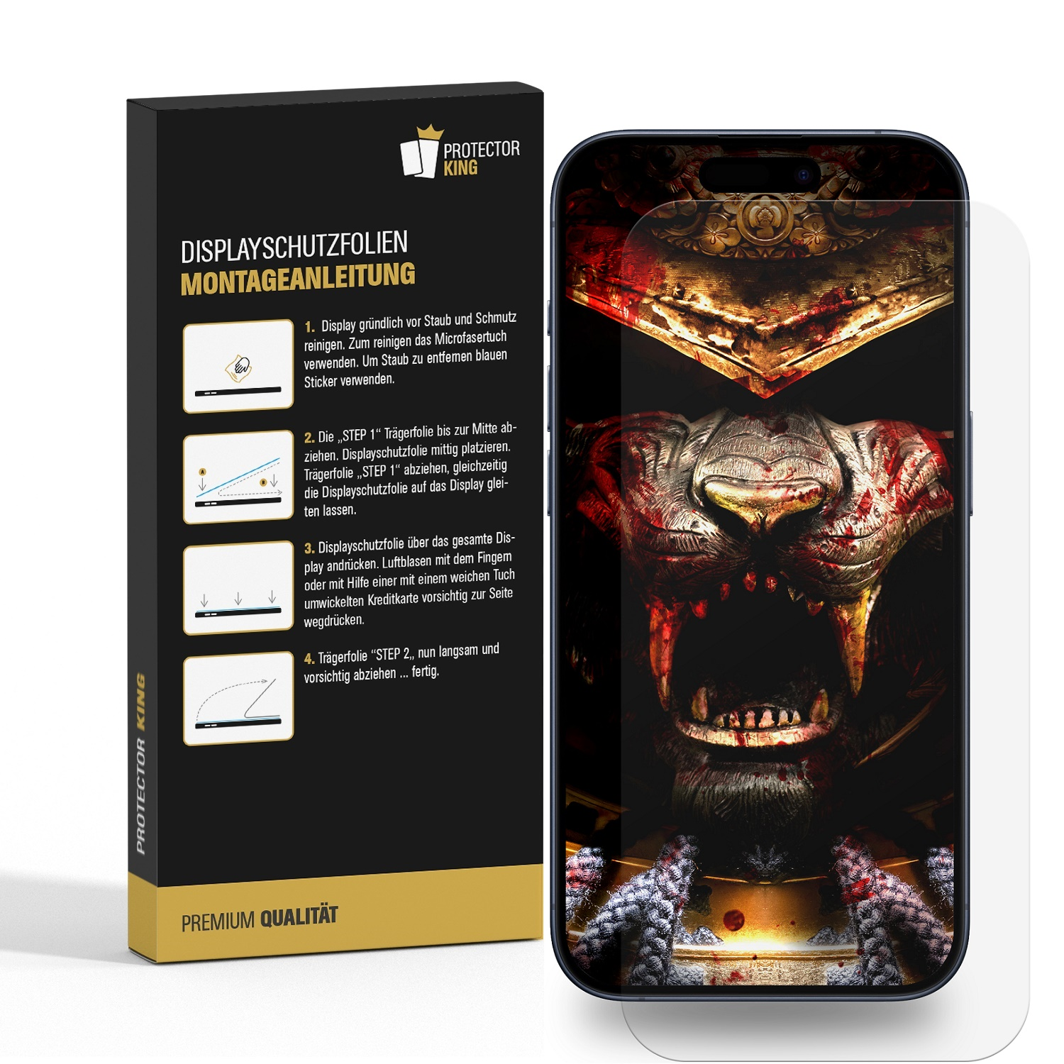 Ein Telefon mit Krieger-Grafik, Displayschutzfolie und Verpackung mit Anweisungen.