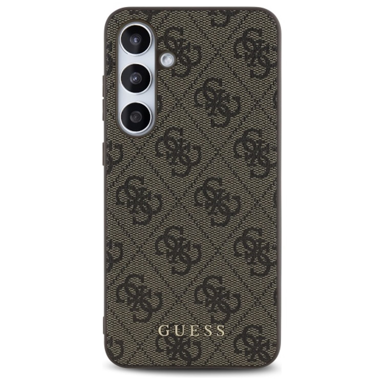 Una custodia per telefono con un motivo marrone e la parola 'GUESS'. Ha tre obiettivi per la fotocamera.