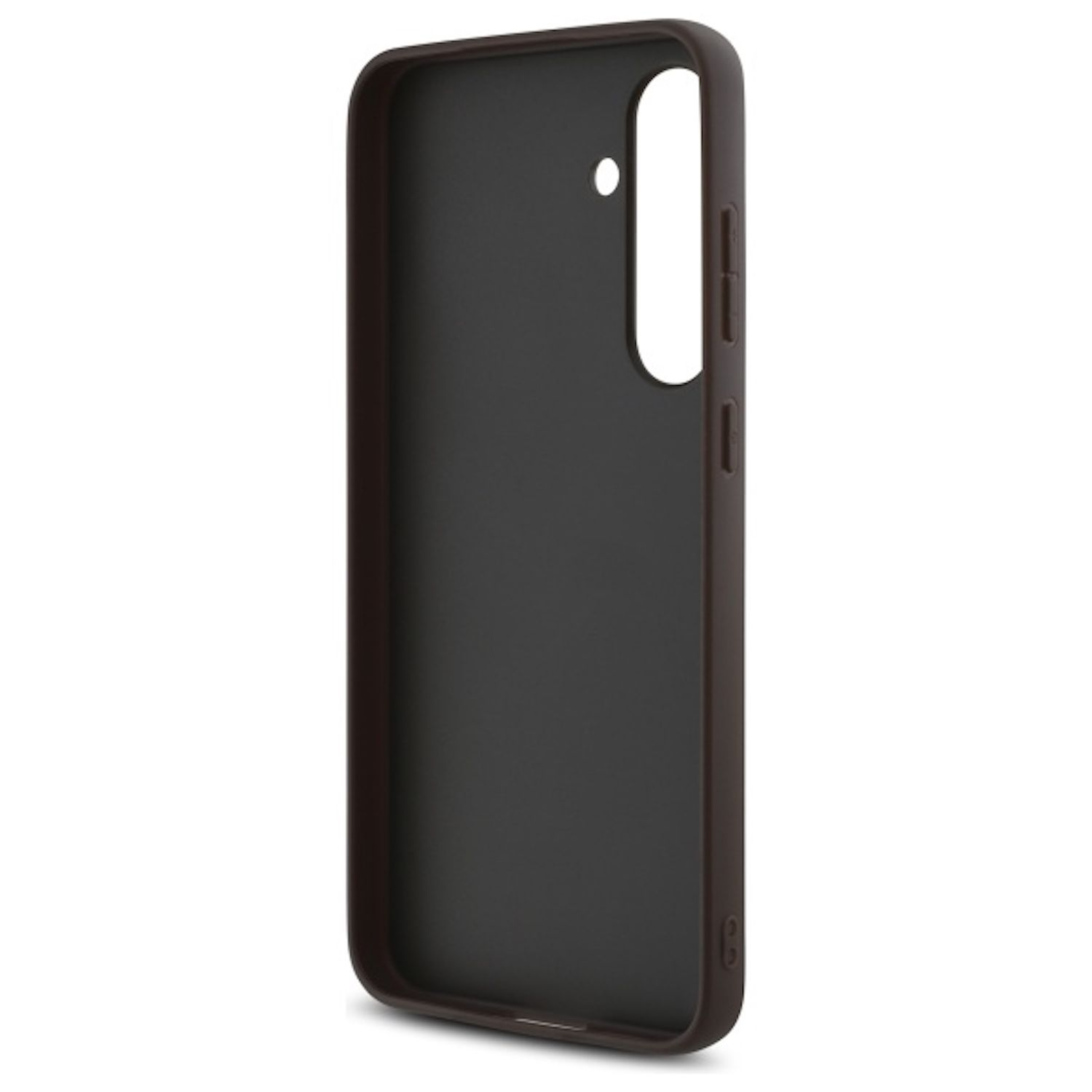 Custodia nera per telefono con cornice marrone scuro. Fori per i tasti e fotocamera.