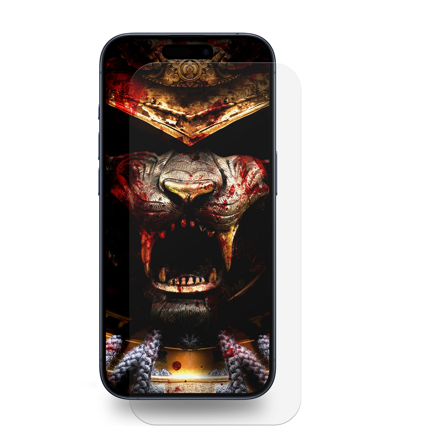Ein Telefon mit Krieger-Grafik, Displayschutz und weißem Hintergrund.