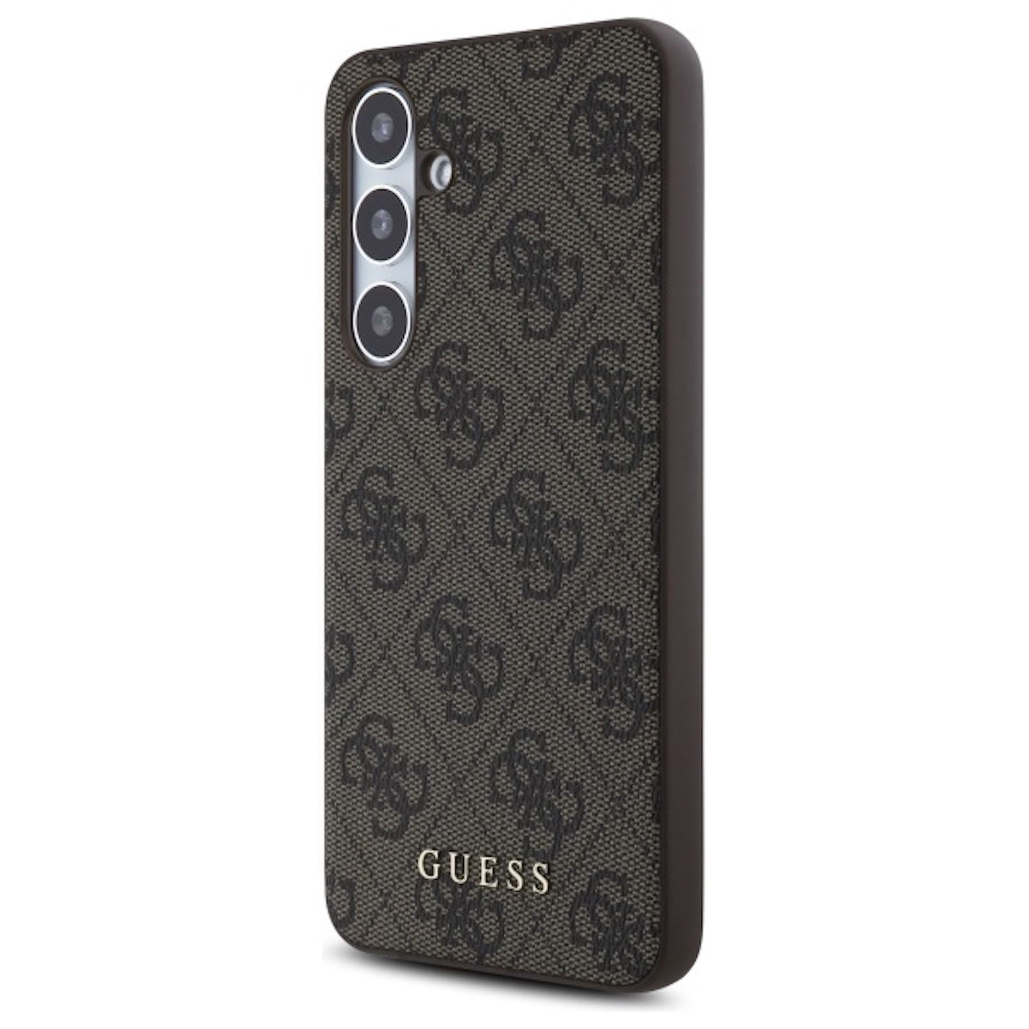 Una custodia per telefono con un motivo del logo Guess nei colori marrone e nero.