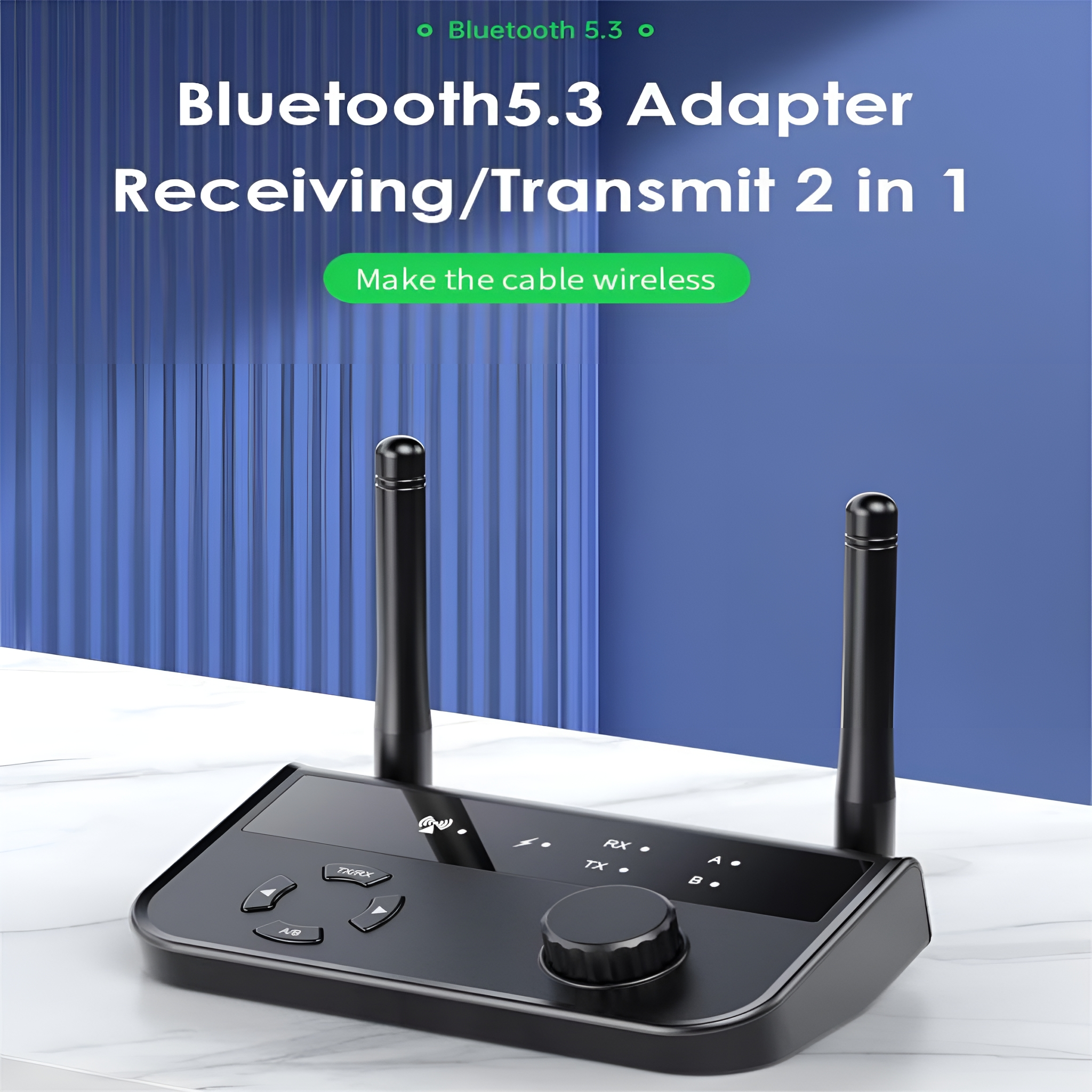 Schwarzer Bluetooth-Adapter mit Antennen und Knöpfen. Text sagt 'Make the cable wireless'.