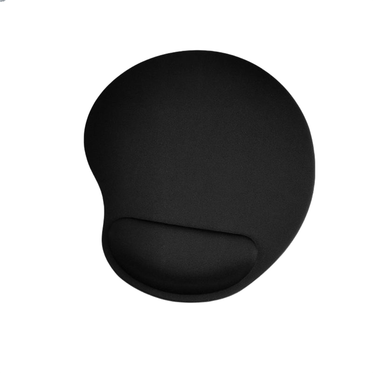 Schwarzes ergonomisches Mauspads mit Handgelenkauflage. Das Pad ist oval, die Auflage gewölbt.