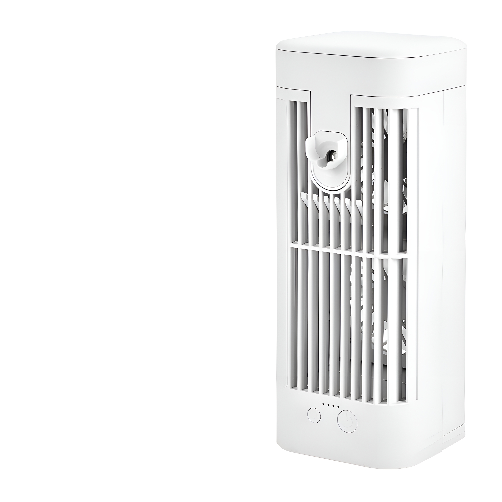 Weißer Turmventilator, rechteckig mit vertikalen Lamellen. Er hat ein Bedienfeld und eine Düse.