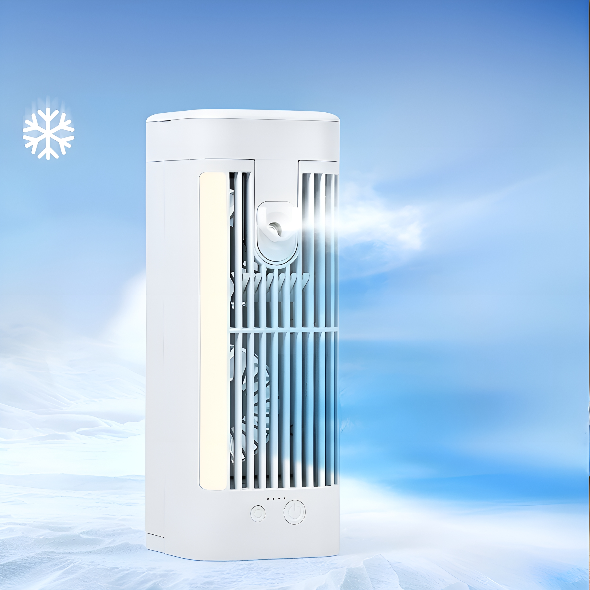 Ein weißer tragbarer Ventilator mit blauem Himmel und Schneeflocke.