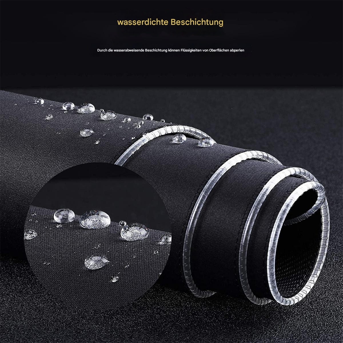 Schwarze Matte mit Wassertropfen und Nahaufnahme der Oberfläche. Gerollter Rand sichtbar.