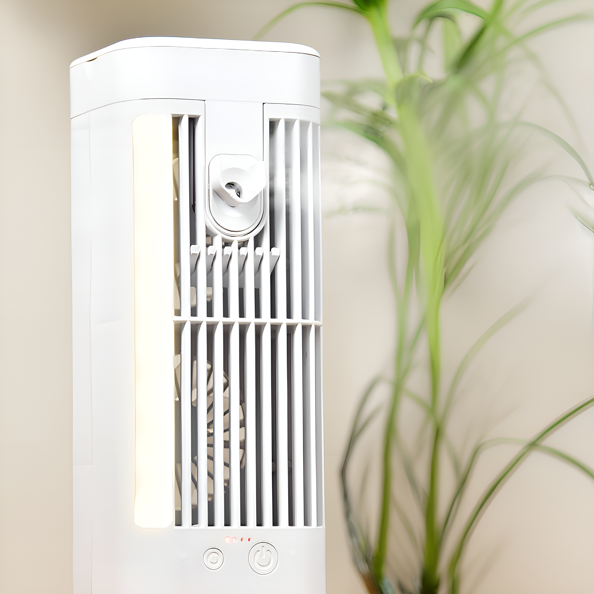 Ein weißer Ventilator mit einem Licht. Im Hintergrund ist eine Pflanze zu sehen.