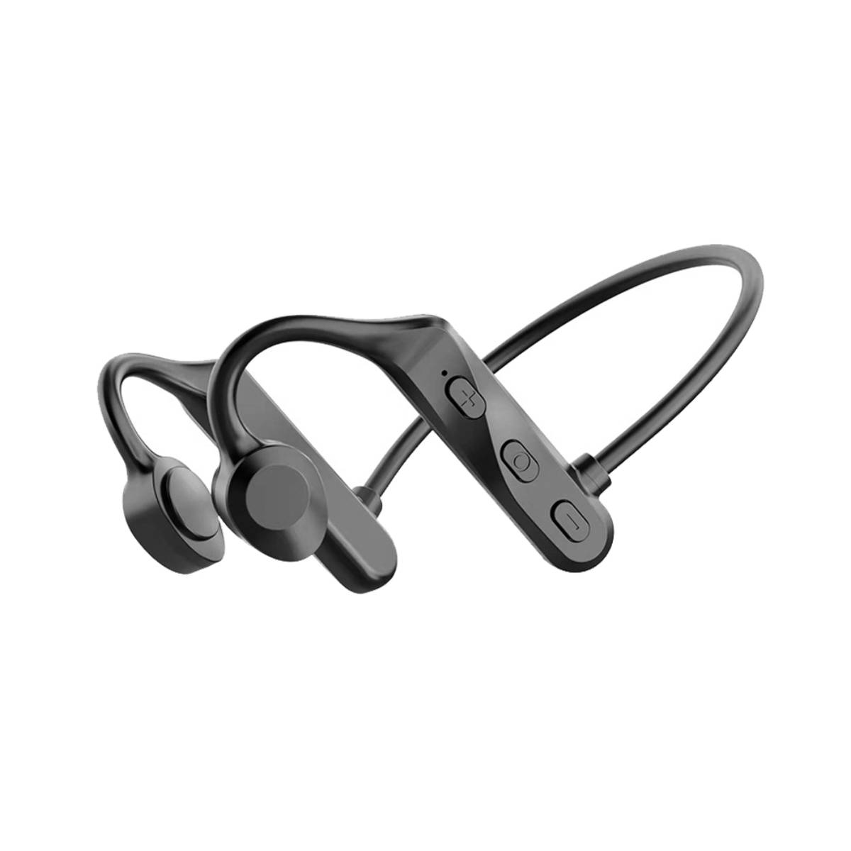 Auriculares de conducción ósea inalámbricos, negros, diseñados para rodear la oreja y la cabeza.