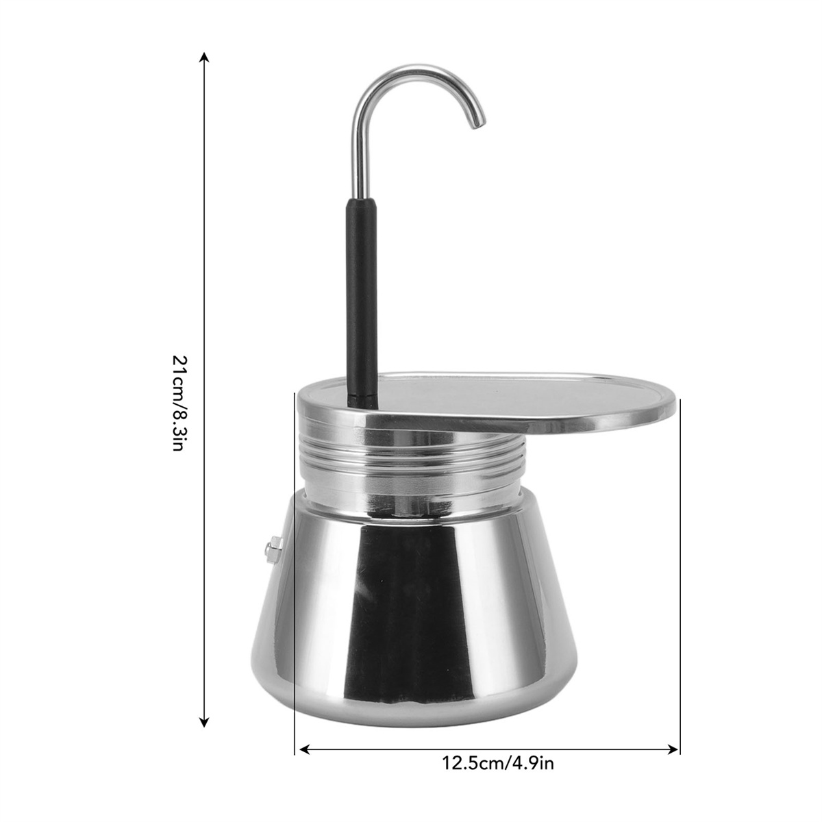 Moka-Kanne, silberfarben, mit Abmessungen in cm/Zoll.