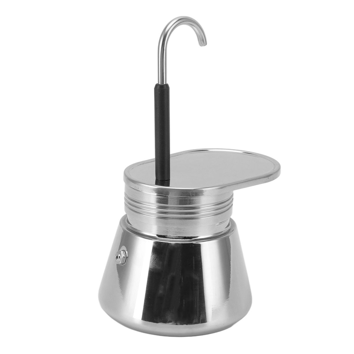Ein Espressokocher aus Edelstahl mit schwarzem Griff und gebogenem Ausguss, vor weißem Hintergrund.