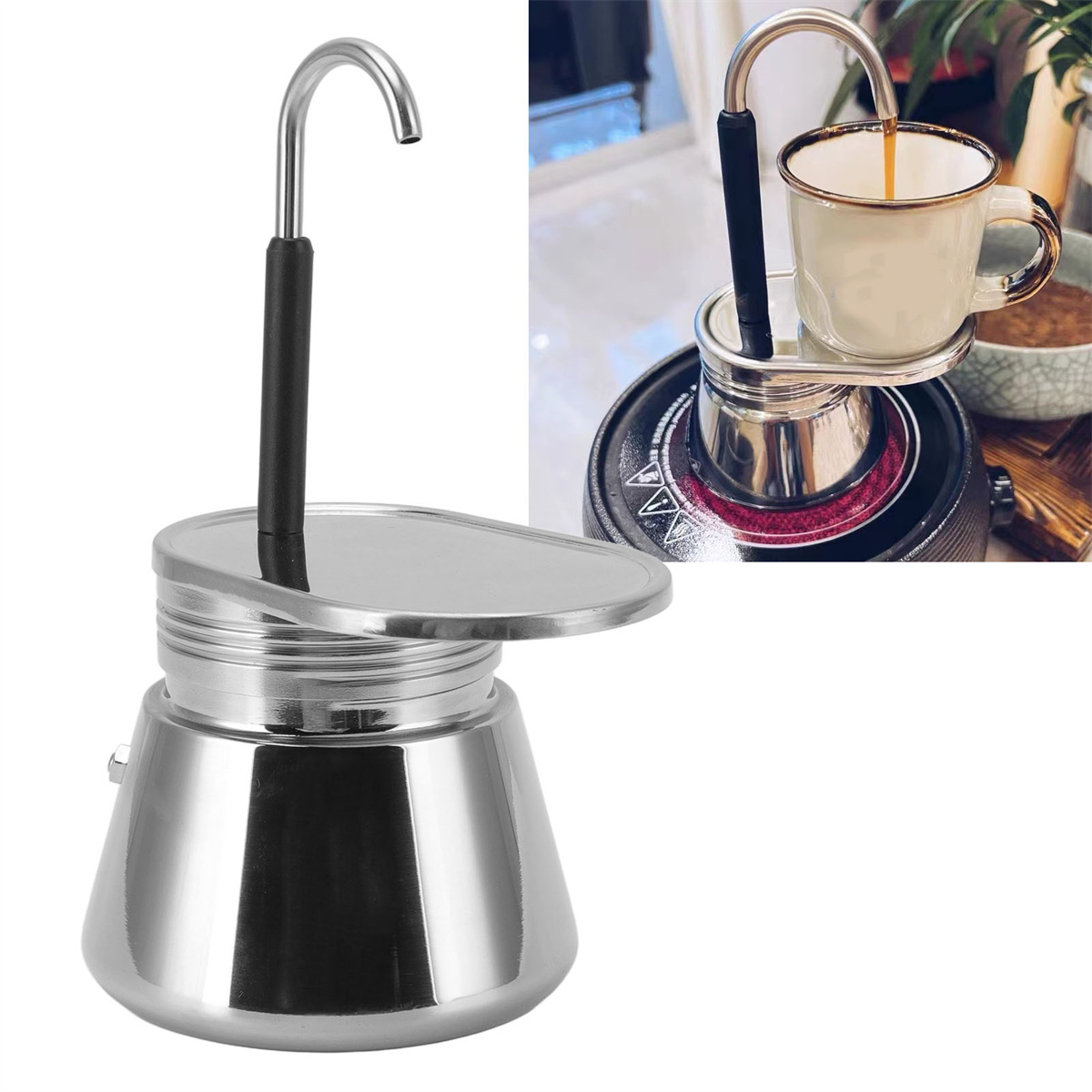 Espressokocher aus Edelstahl. Eine Tasse wird mit Kaffee gefüllt. Detailaufnahme.