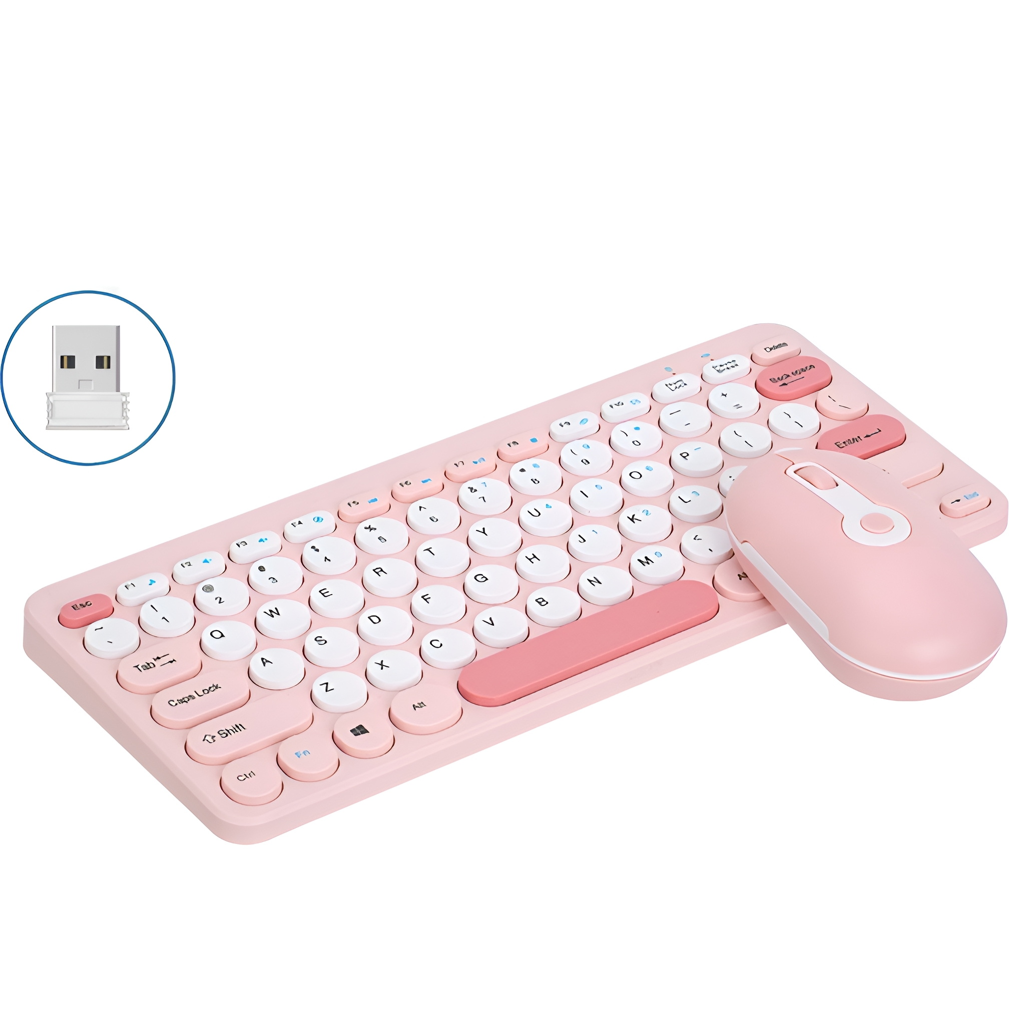 Rosa kabellose Tastatur und Maus. Beide auf weißem Hintergrund. Maus hat ein Scrollrad.