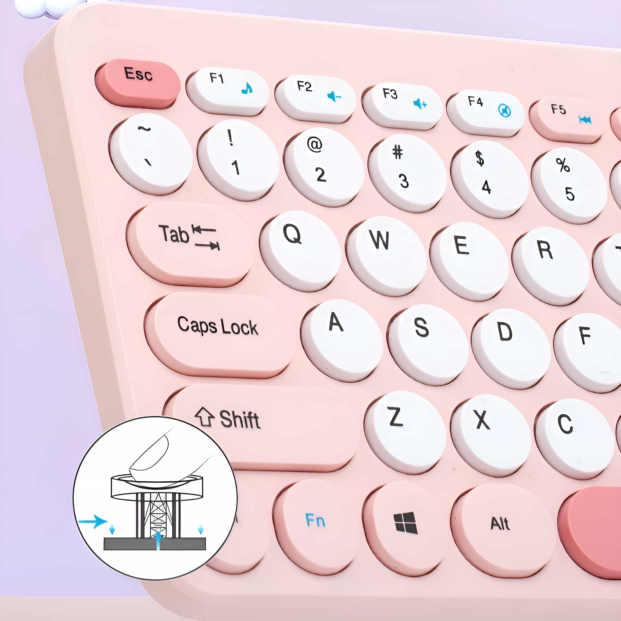 Eine rosa Tastatur hat weiße Tasten. Ein Diagramm zeigt den Aufbau einer Taste.