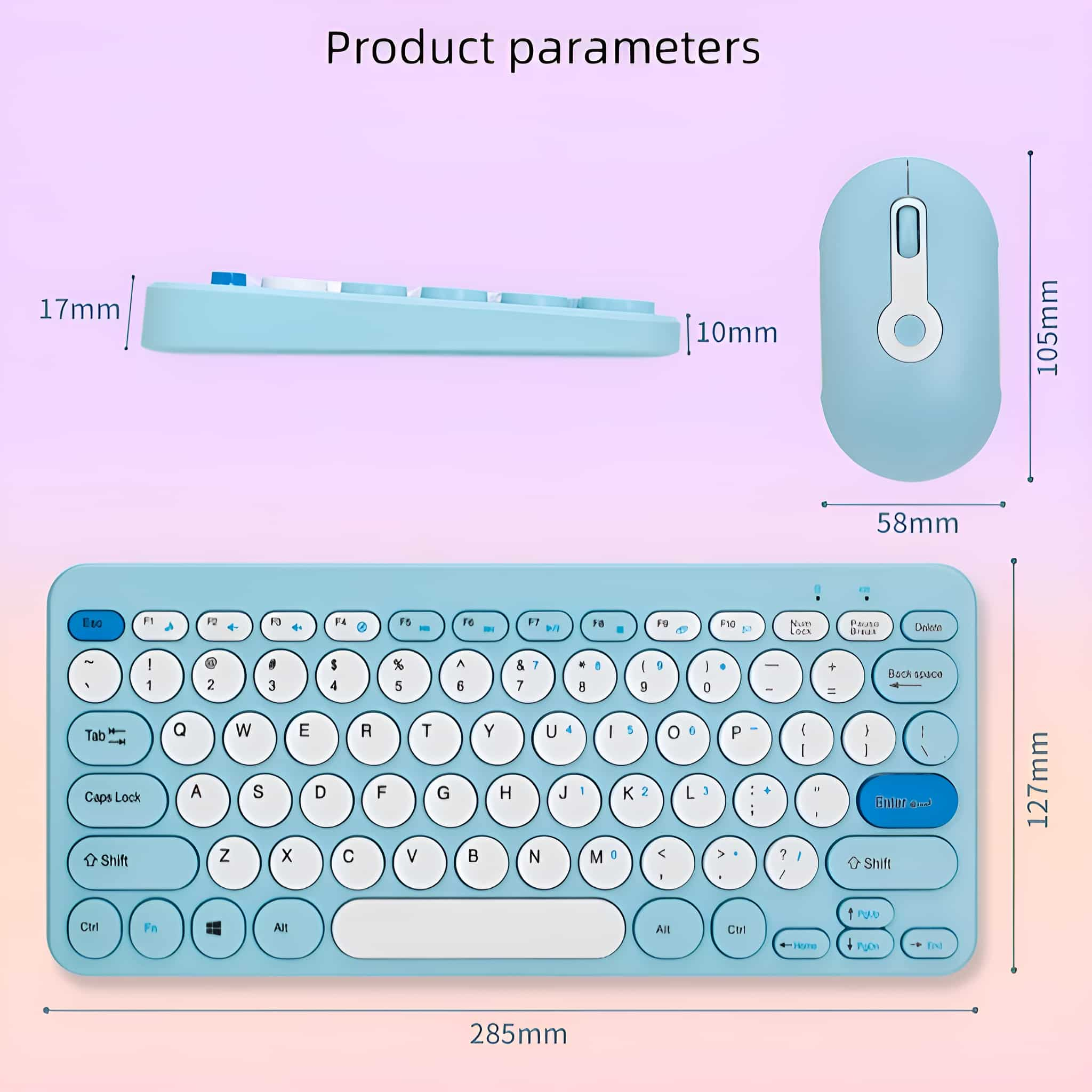 Blaue Tastatur und Maus, mit Abmessungen und Layoutdetails.