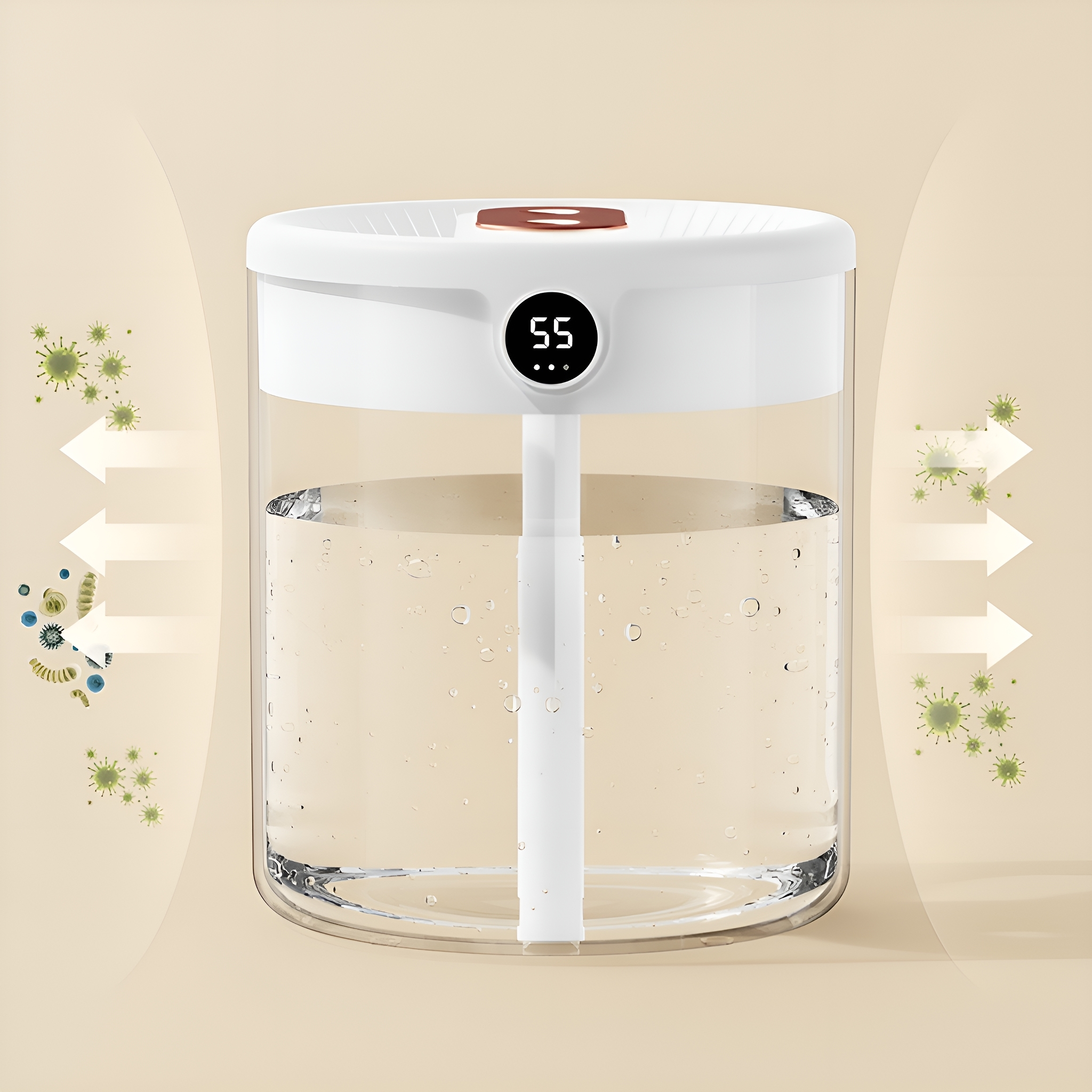 Weißer Luftbefeuchter mit Wasser. Pfeile und Keime sind an den Seiten.