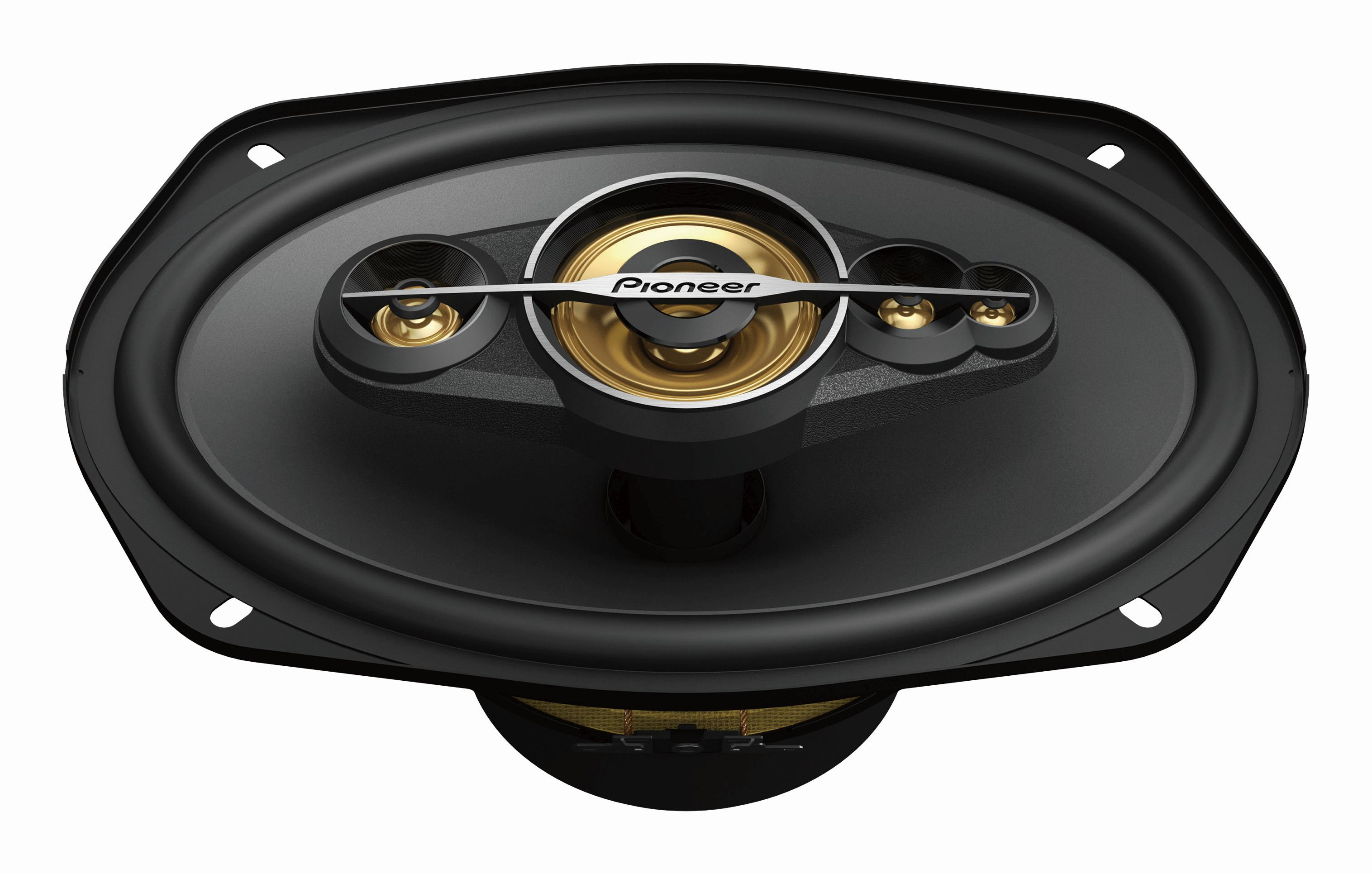 Haut-parleur ovale noir avec centre doré et logo Pioneer. Comporte deux petits haut-parleurs latéraux.