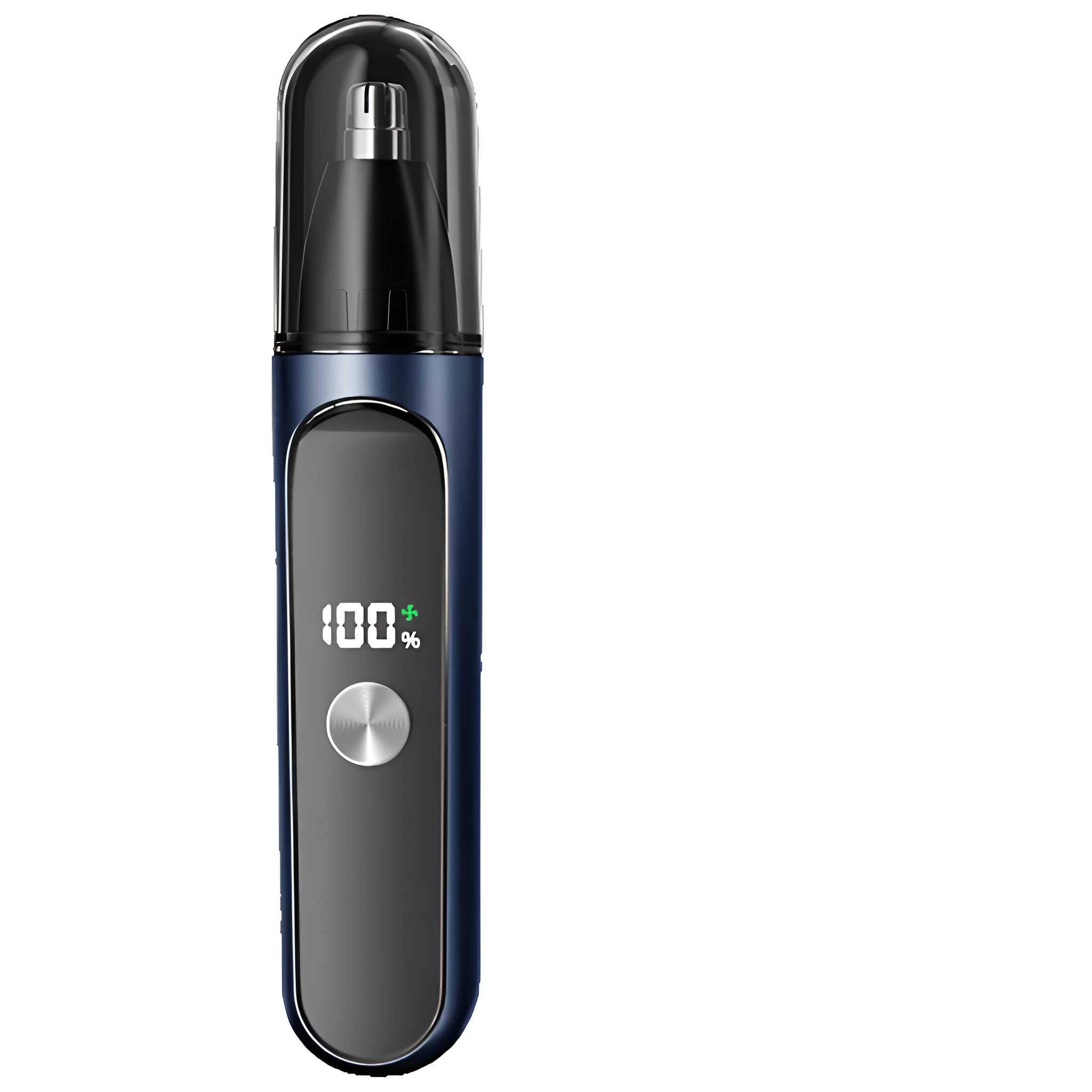 Blau-grauer Nasenhaartrimmer mit 100%-Anzeige auf dem Display.