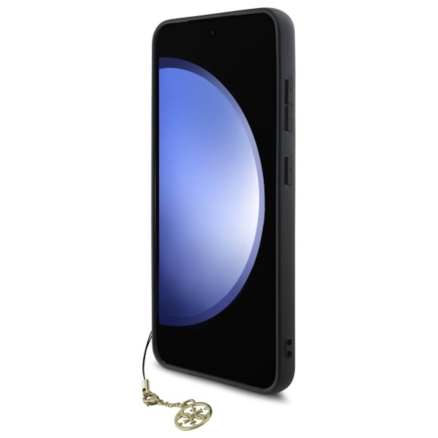 Un telefono nero con una custodia con un ciondolo dorato. Lo schermo mostra una sfumatura blu.