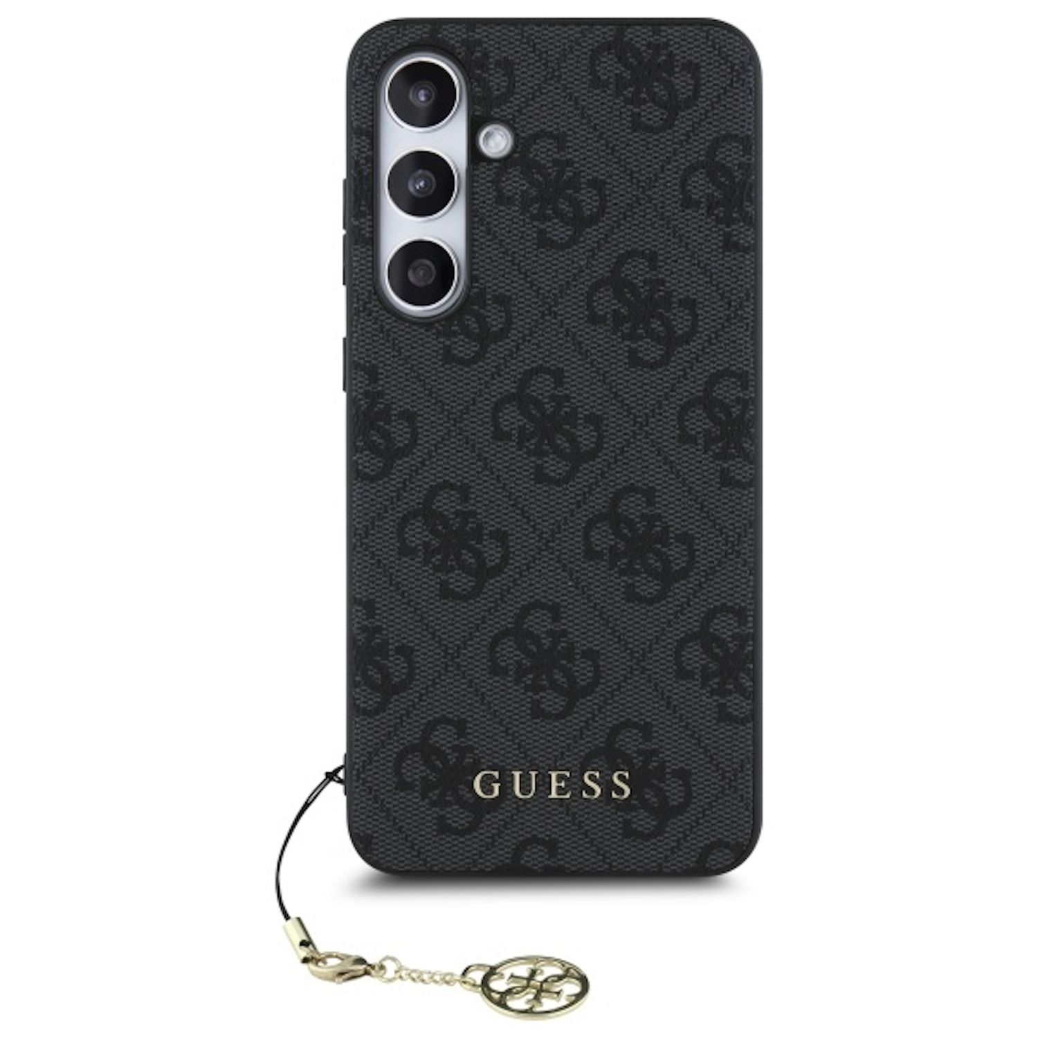 Custodia per telefono Guess nera con motivo e ciondolo.