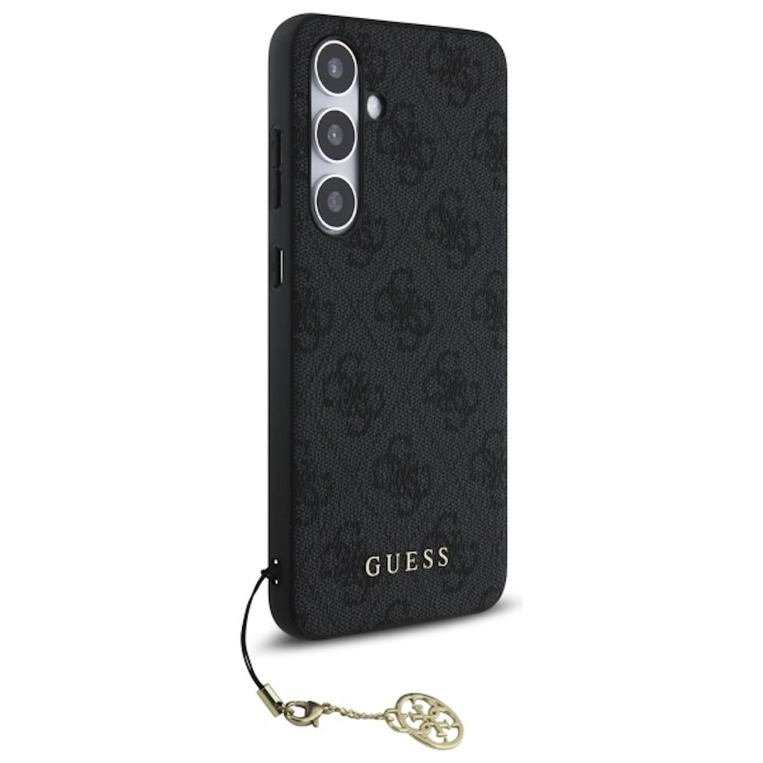 Custodia nera per telefono con un motivo e la parola GUESS. Sfondo bianco.