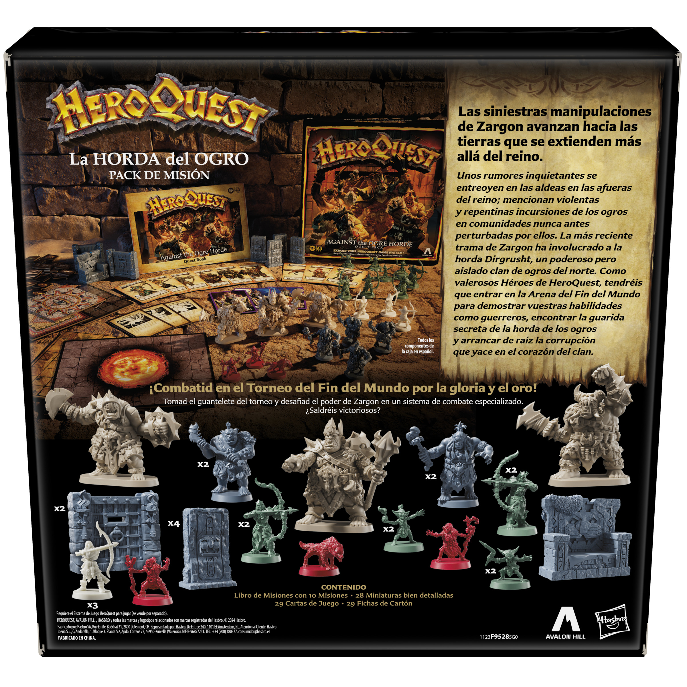 Caja del juego de mesa HeroQuest que muestra componentes, miniaturas y texto en español.
