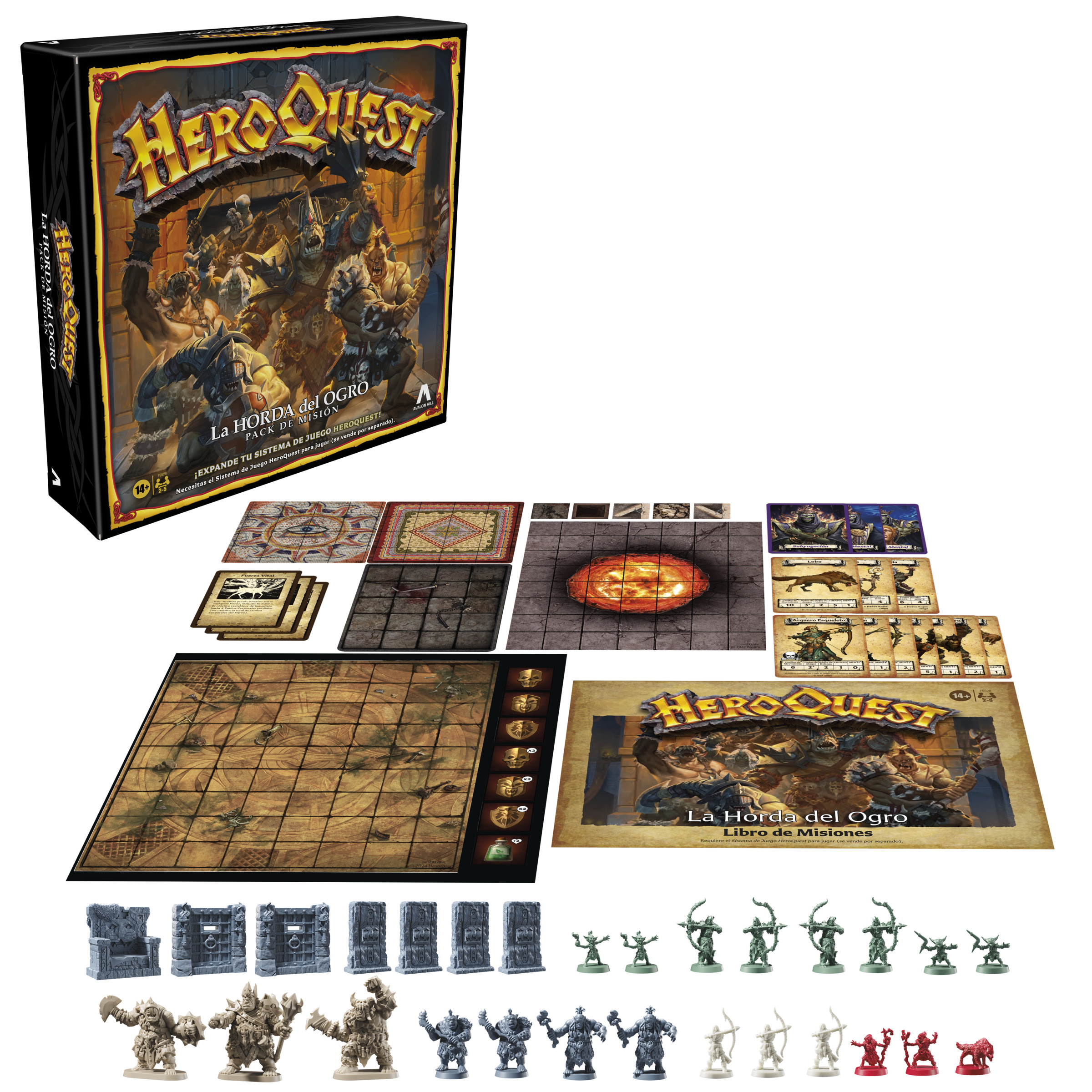Caja del juego de mesa HeroQuest con piezas y un libro de misiones.