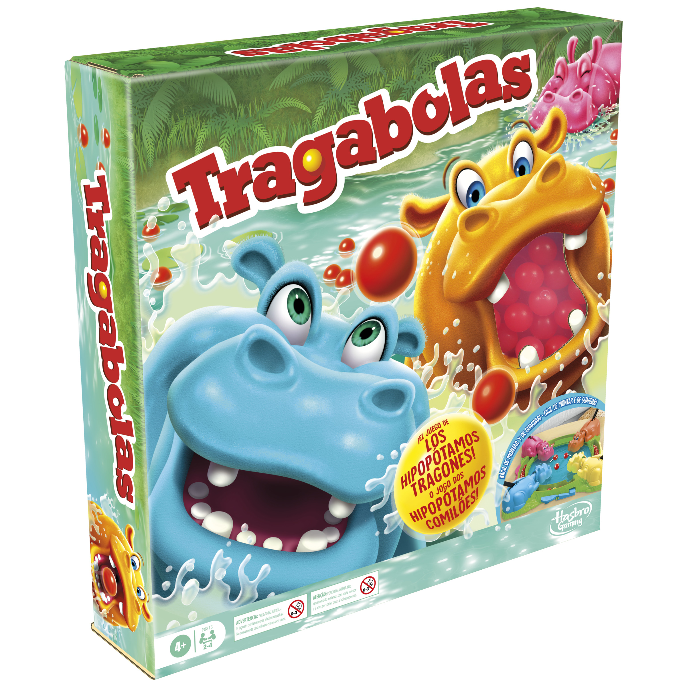 La caja del juego de mesa 'Tragabolas' muestra hipopótamos de dibujos animados y salpicaduras de agua.