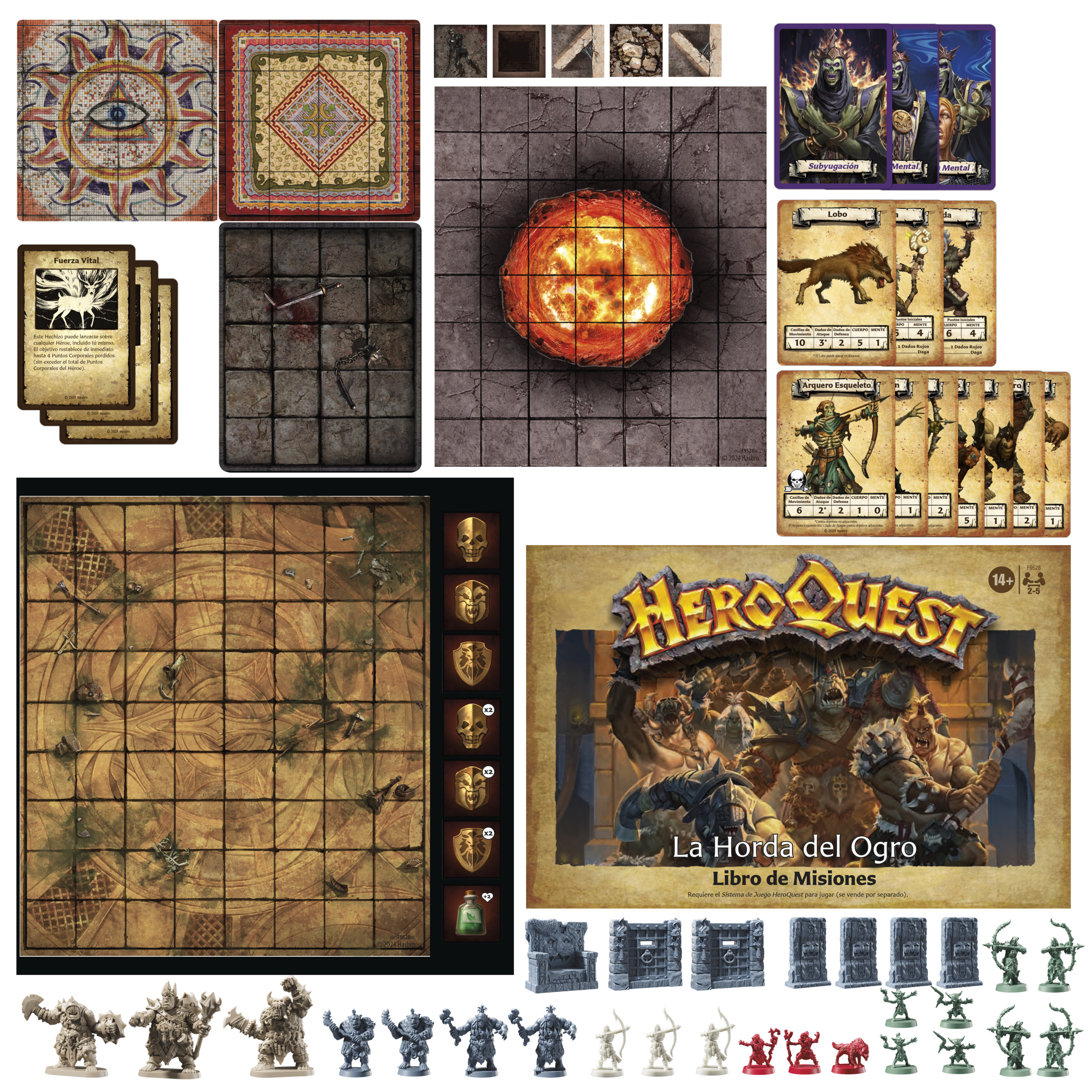 Un juego de mesa con varios componentes, incluyendo cartas, figuras y un tablero con un patrón de cuadrícula.