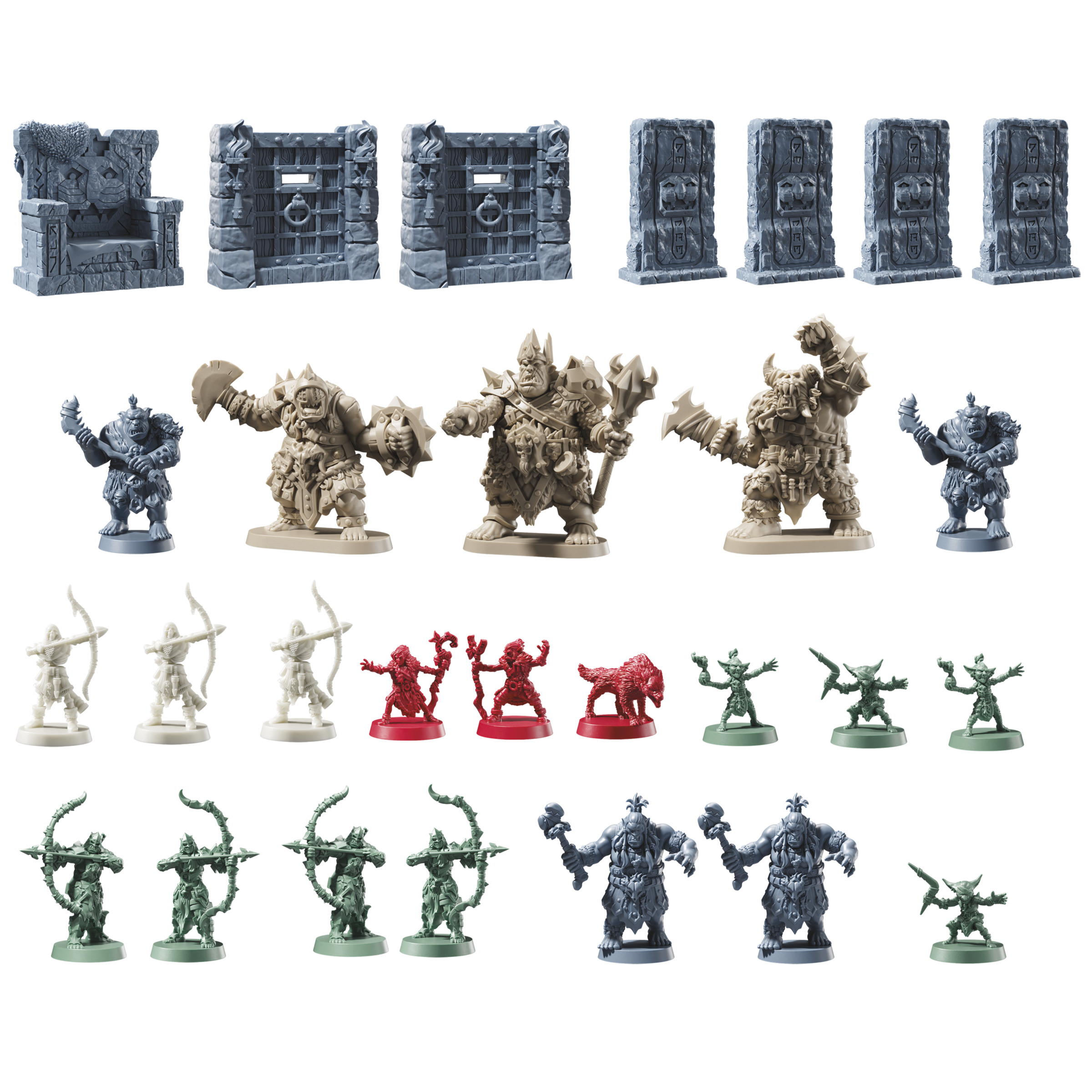 Figuras en miniatura de personajes de fantasía, incluidos orcos, arqueros y duendes, en varios colores.