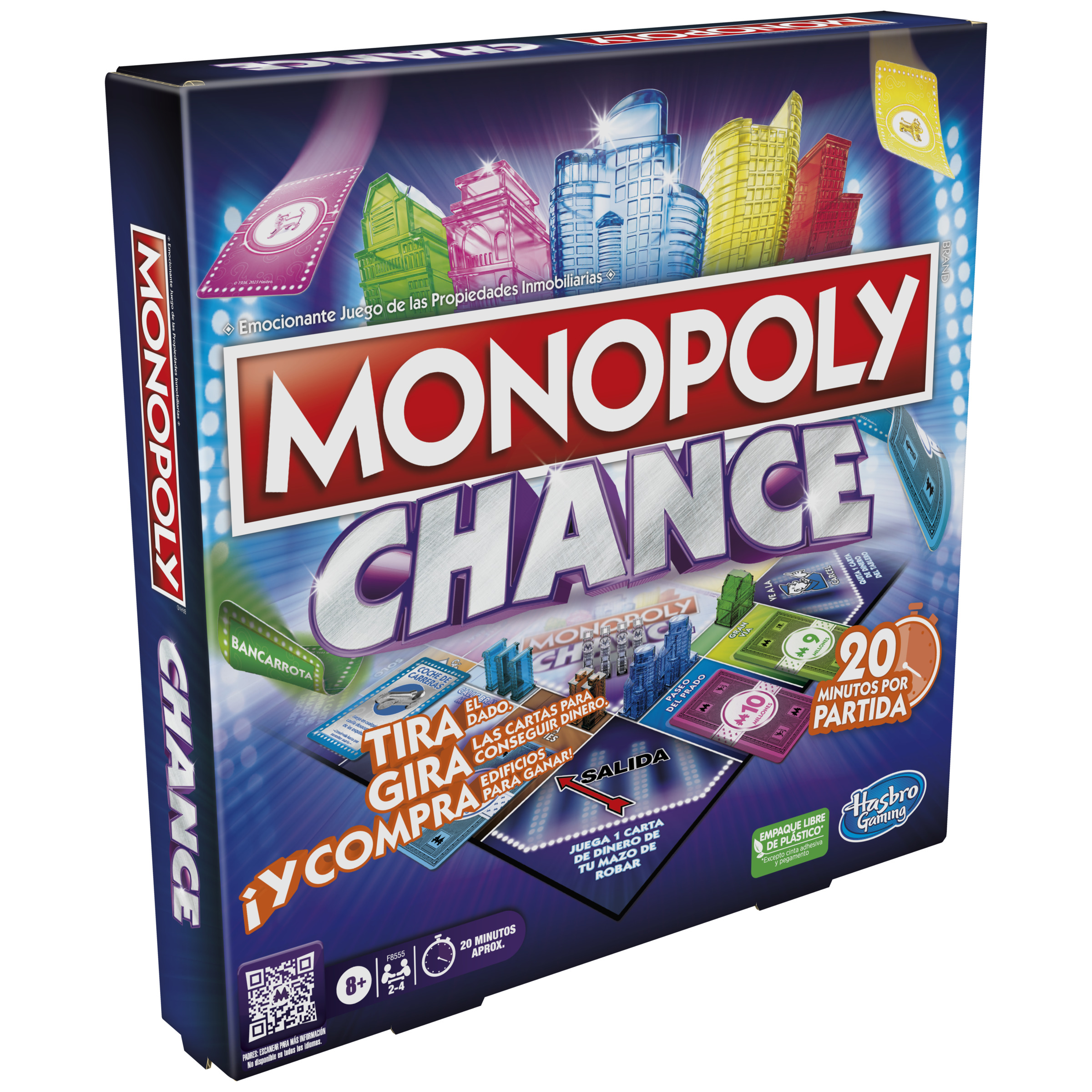 Caja del juego de mesa Monopoly Chance. Texto: Monopoly Chance. Imágenes coloridas de edificios y cartas.