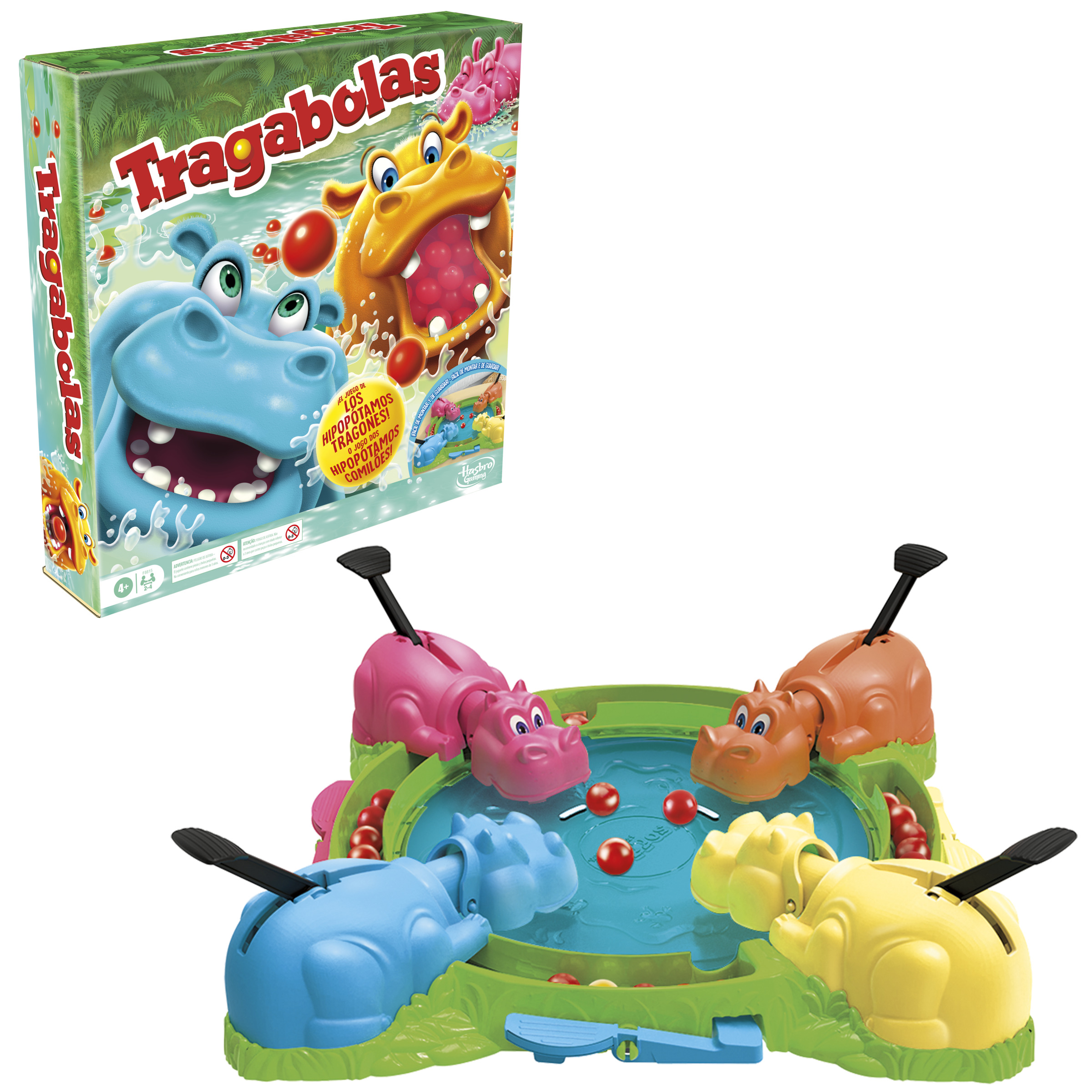 Juego Tragabolas con hipopótamos y bolas. Arte de la caja muestra hipopótamos en agua con título.