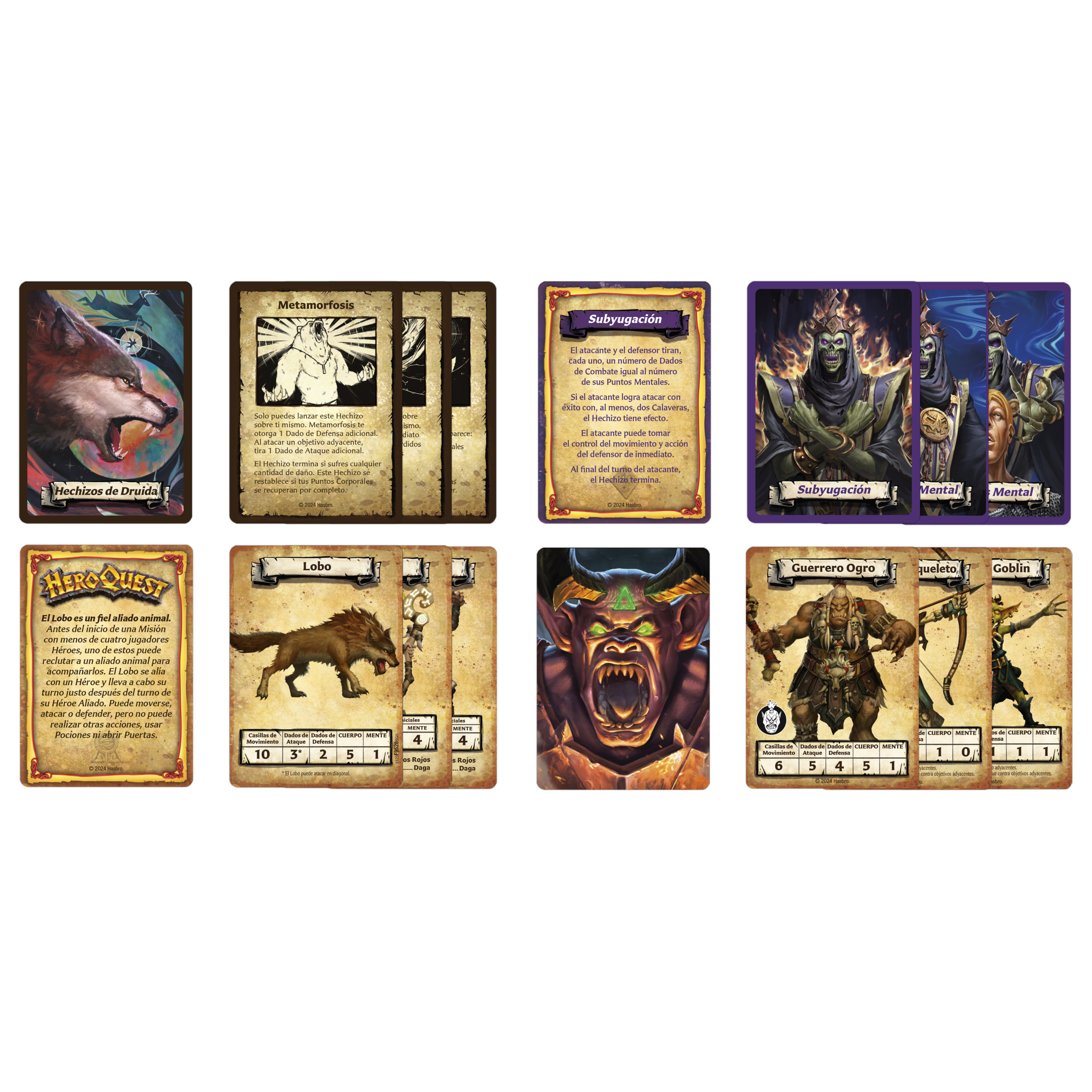 Se muestran cartas del juego HeroQuest, incluyendo lobo, ogro, goblin y cartas de hechizo.