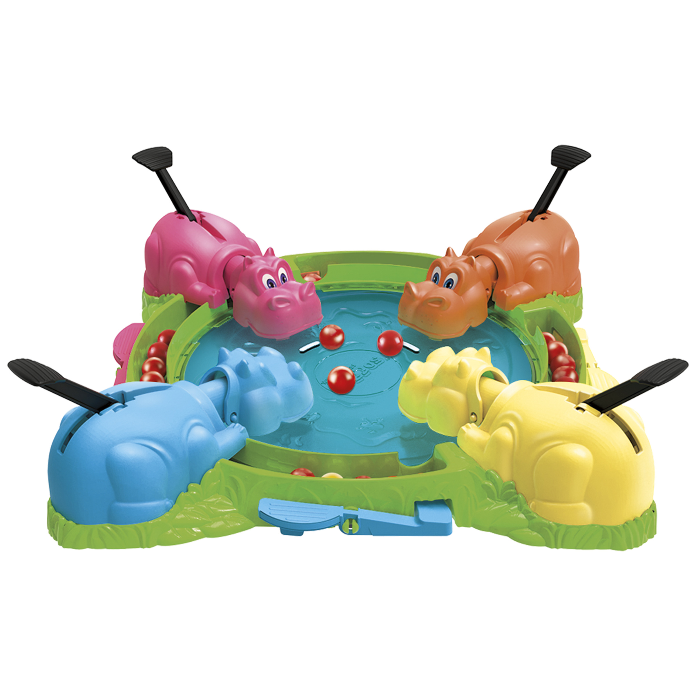 Juego Hungry Hungry Hippos con hipopótamos coloridos.