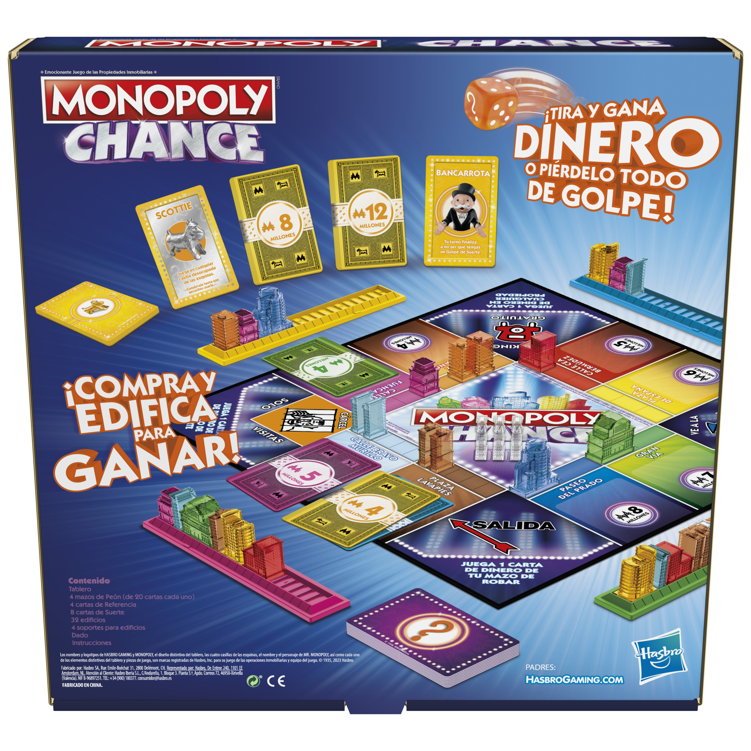 Parte trasera de una caja de juego de mesa Monopoly Chance, con cartas y elementos del juego visibles.