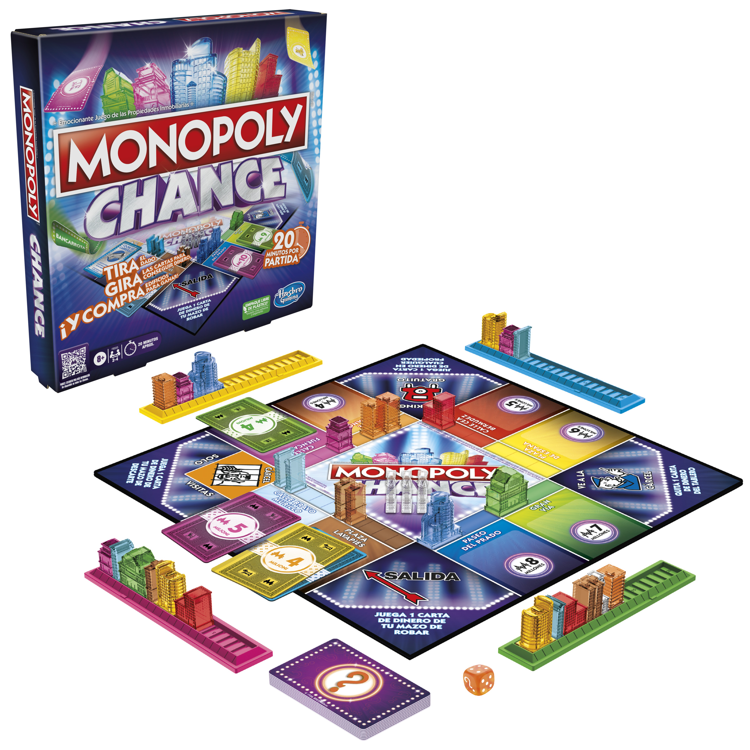 Caja del juego de mesa Monopoly y tablero con piezas, dados y cartas.