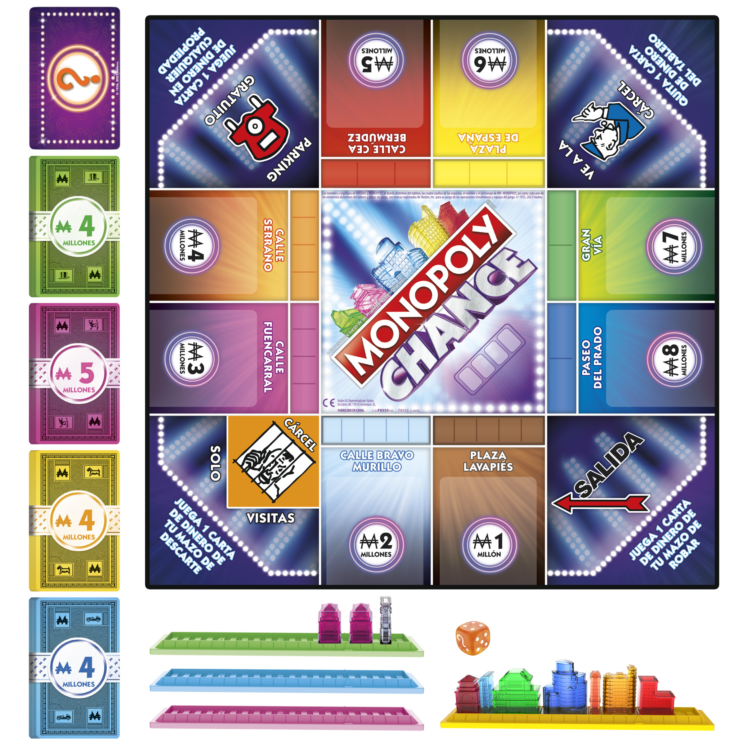 Diseño del juego de mesa Monopoly con cartas, dados, casas y hoteles, con casillas de propiedad.