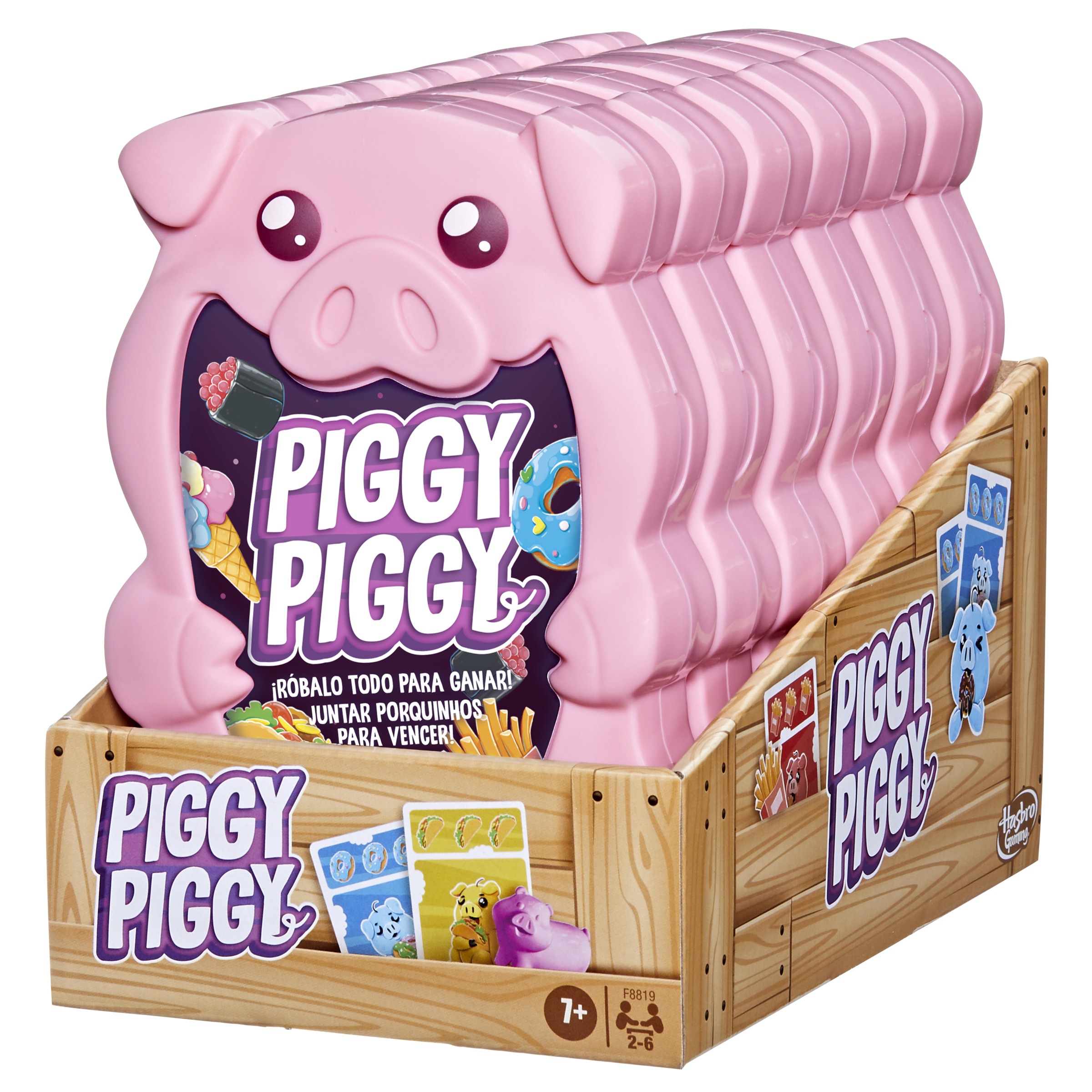 Caja del juego Pink Piggy Piggy. Cuenta con un contenedor con forma de cerdo y cartas.