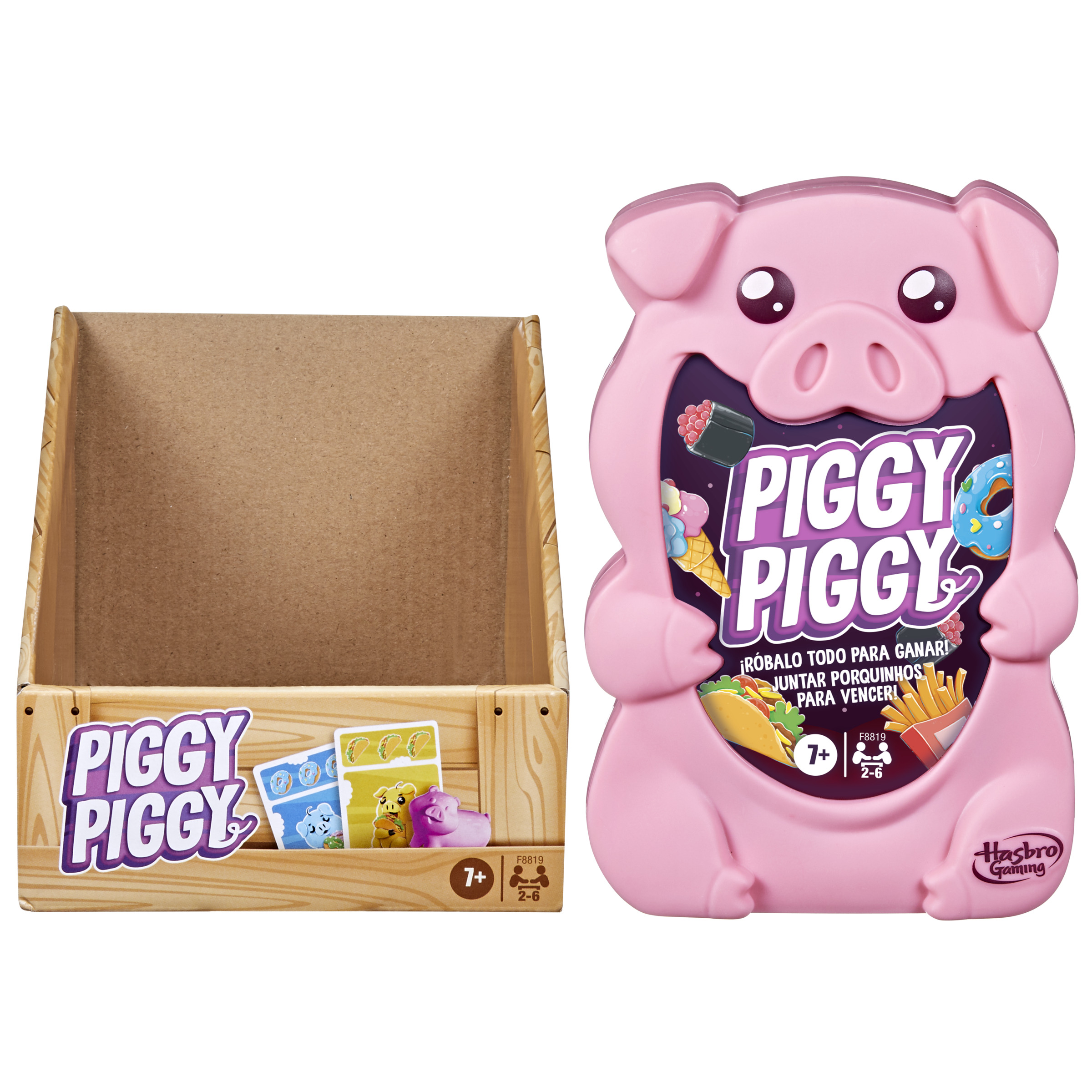 Hucha rosa con forma de cerdito con caja de juego y cartas, con diseño de cerdo.
