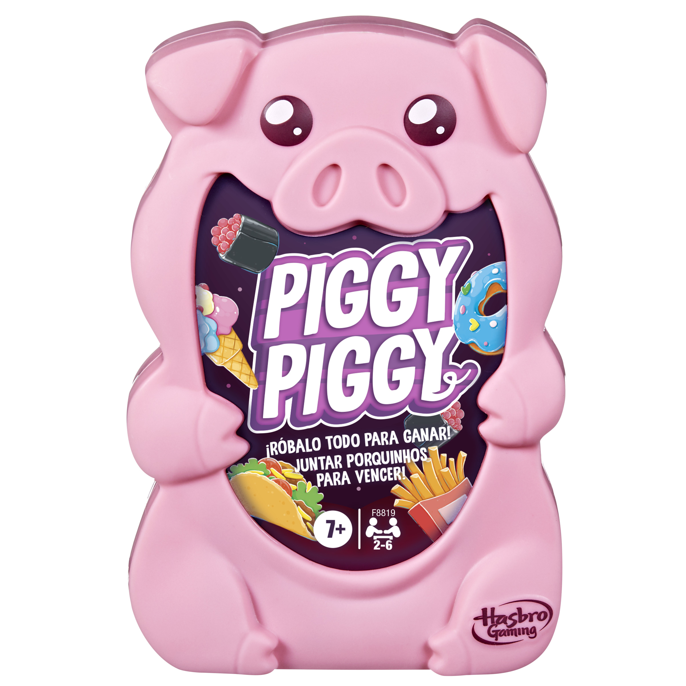 Caja de juego rosa con forma de cerdo, con imágenes de comida en fondo púrpura.