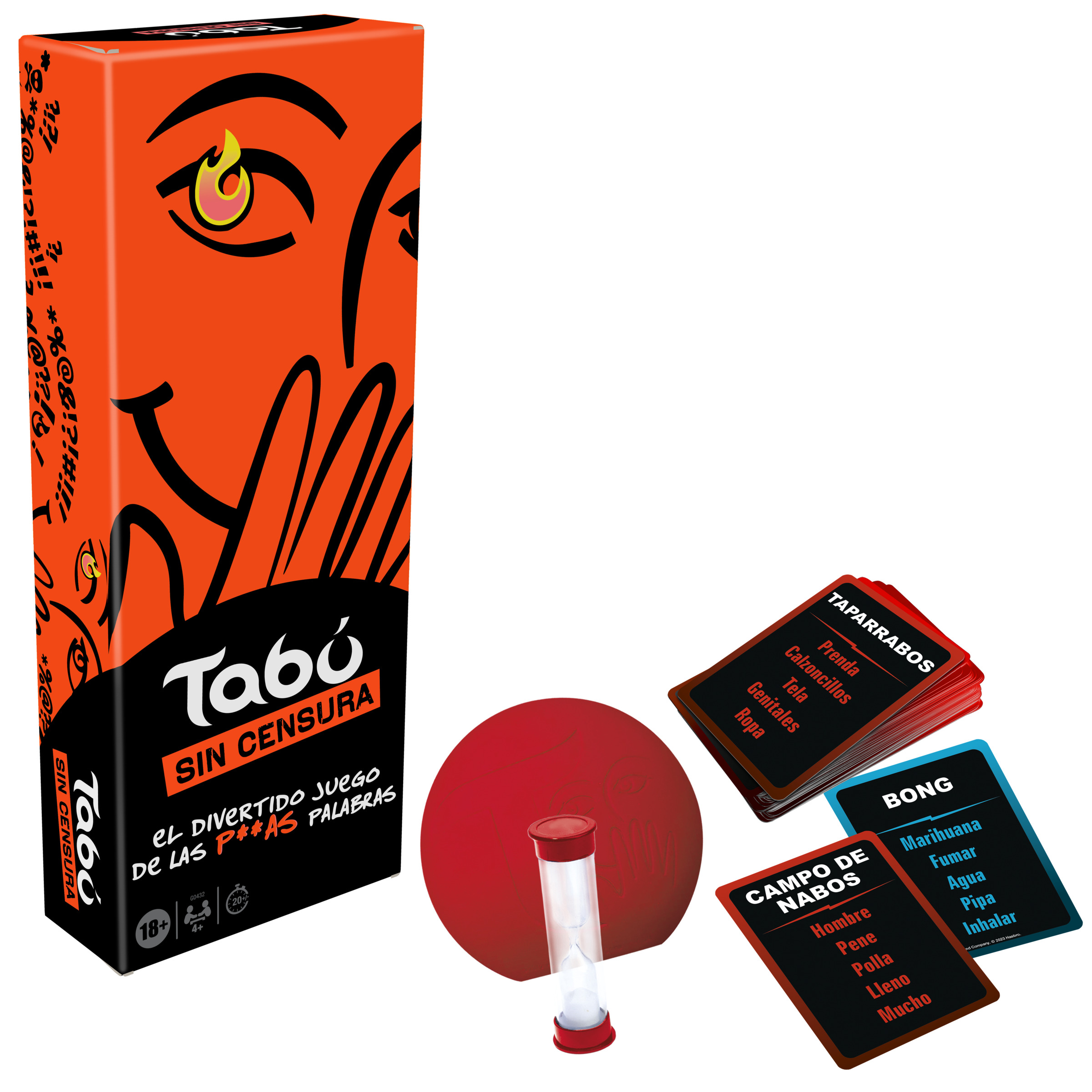 Juego de cartas Taboo con caja y piezas. Temporizador rojo y tarjetas de palabras con texto en negrita.