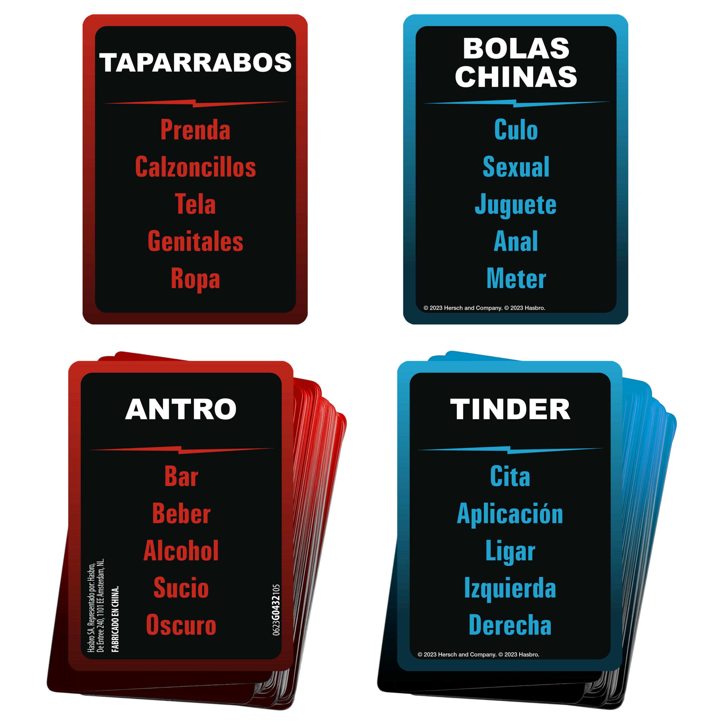 Cuatro cartas con texto en español sobre partes del cuerpo, genitales y aplicaciones de citas como Tinder. Fondos rojos y azules.