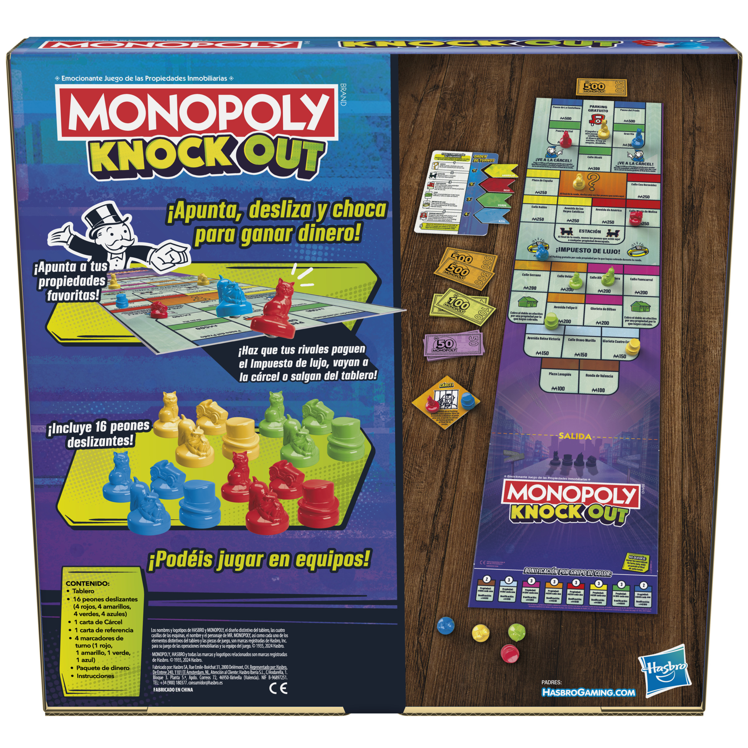 Caja del juego de mesa Monopoly Knockout. La caja muestra el tablero y las piezas del juego.