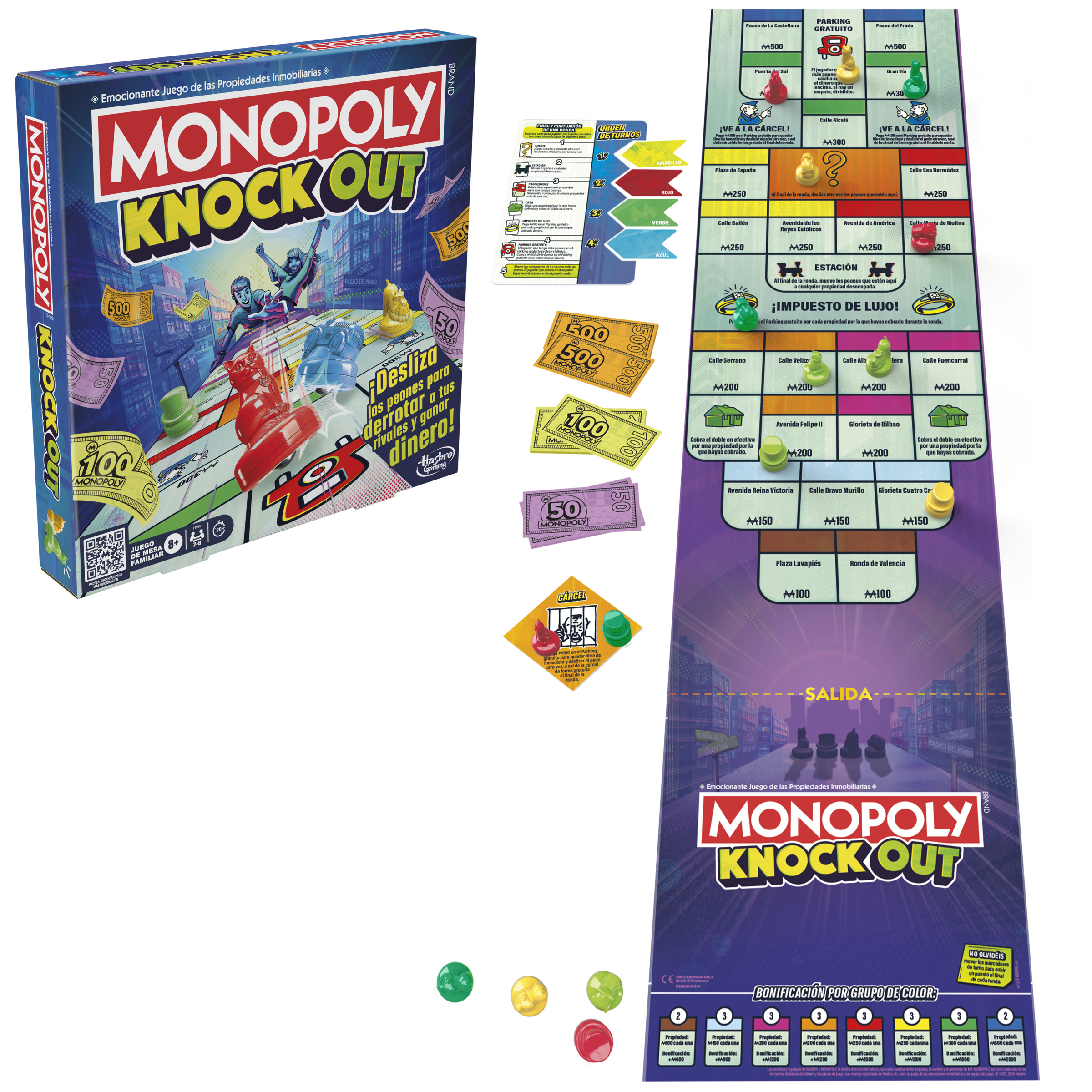 La caja y el tablero del juego Monopoly Knockout están en exhibición, con componentes dispersos.