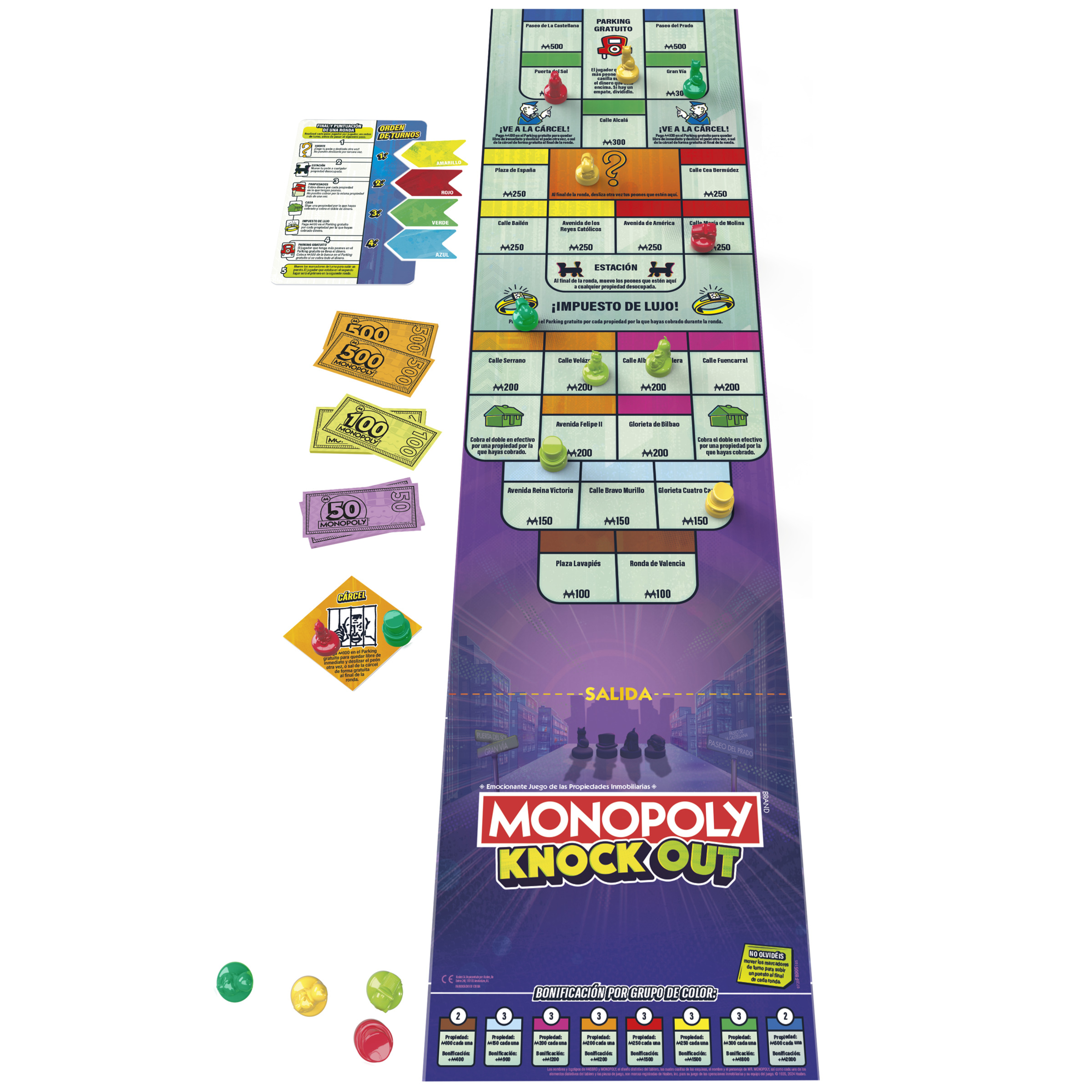 Tablero de juego Monopoly Knock Out con dinero, dados y fichas. Diseño colorido con texto.