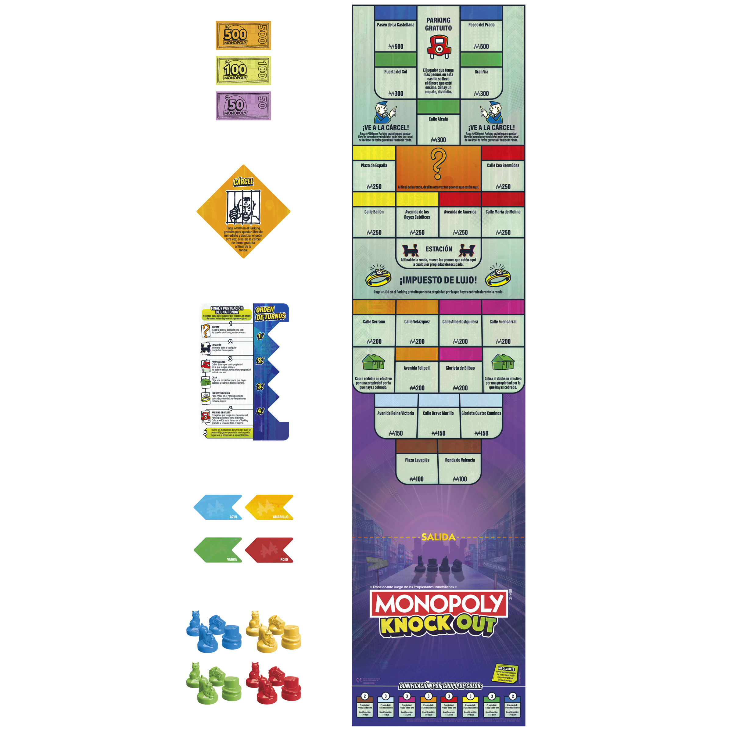 Juego de mesa Monopoly Knock Out. Muestra el tablero, la moneda, las piezas del juego y las cartas. Diseño colorido.