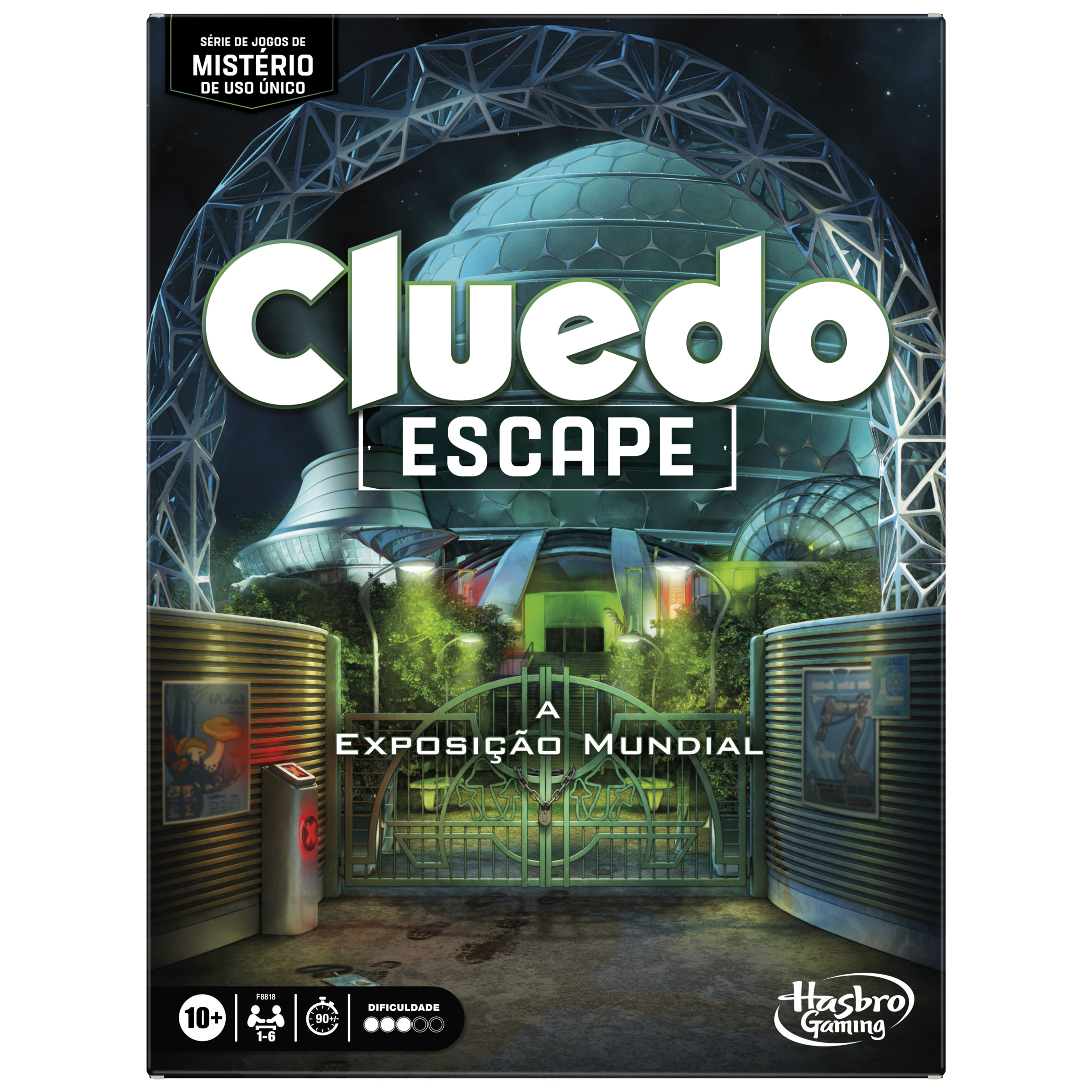 Una caja del juego de mesa Cluedo Escape con una escena de ciudad futurista.