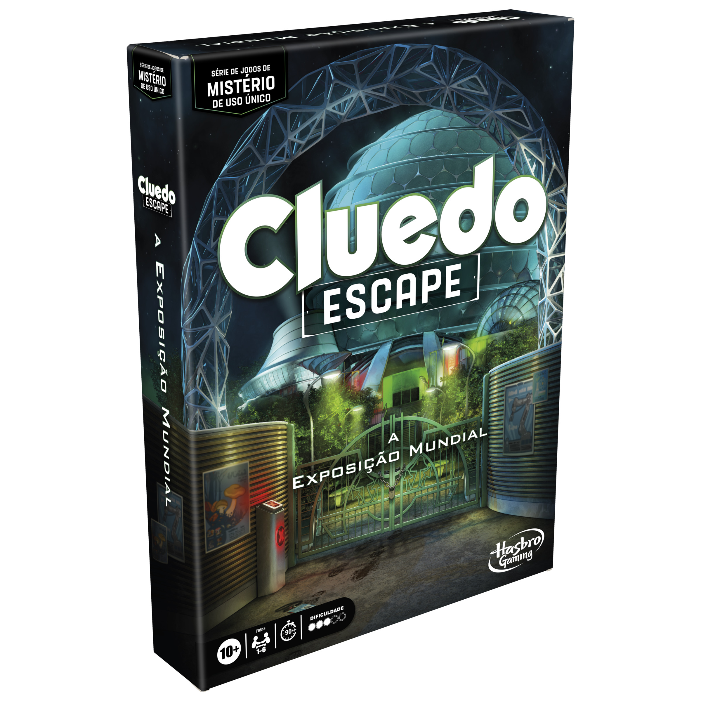 Caja del juego de mesa Cluedo Escape, con un edificio moderno y vegetación.