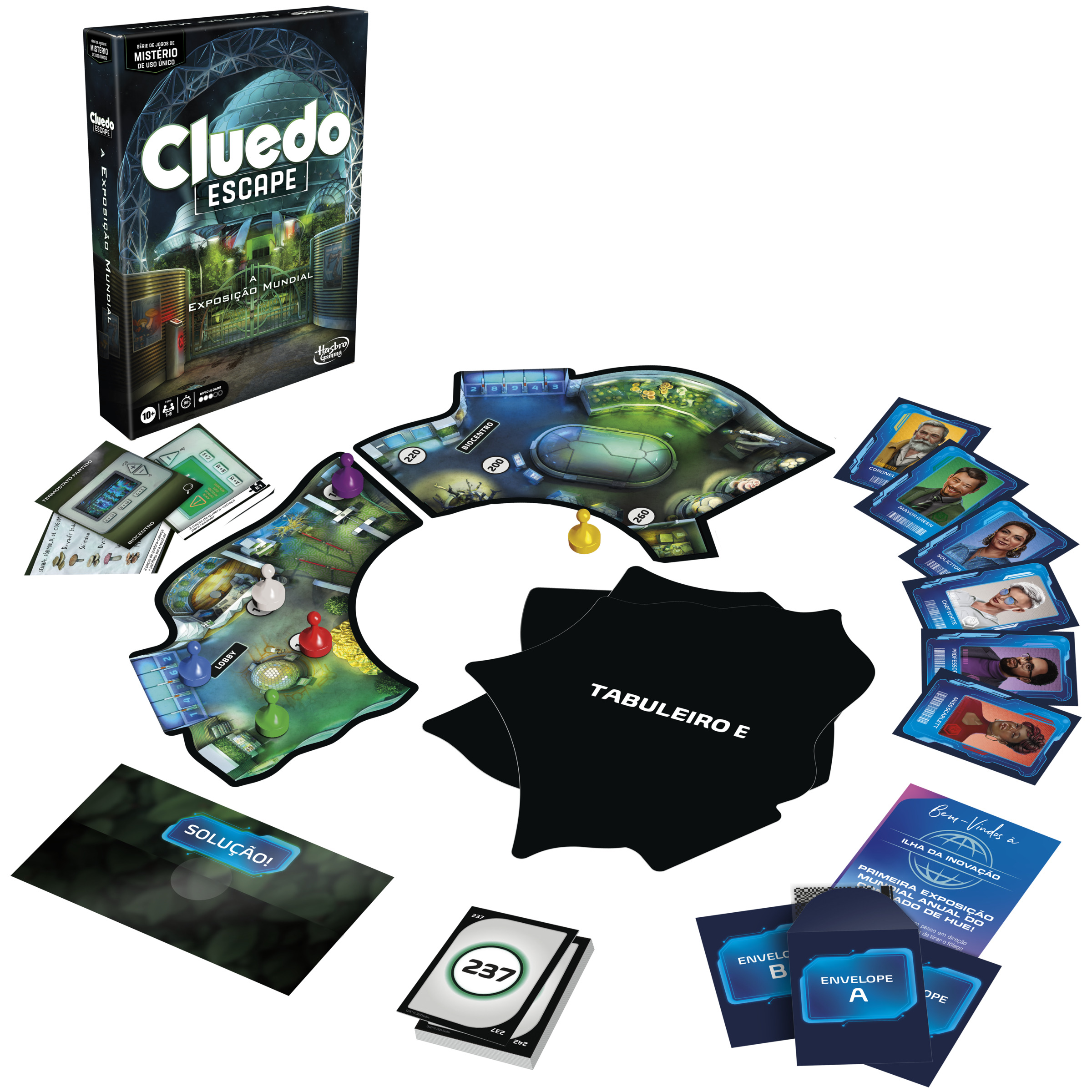 Caja y componentes del juego Cluedo Escape, incluyendo tablero, cartas y tarjeta de solución.