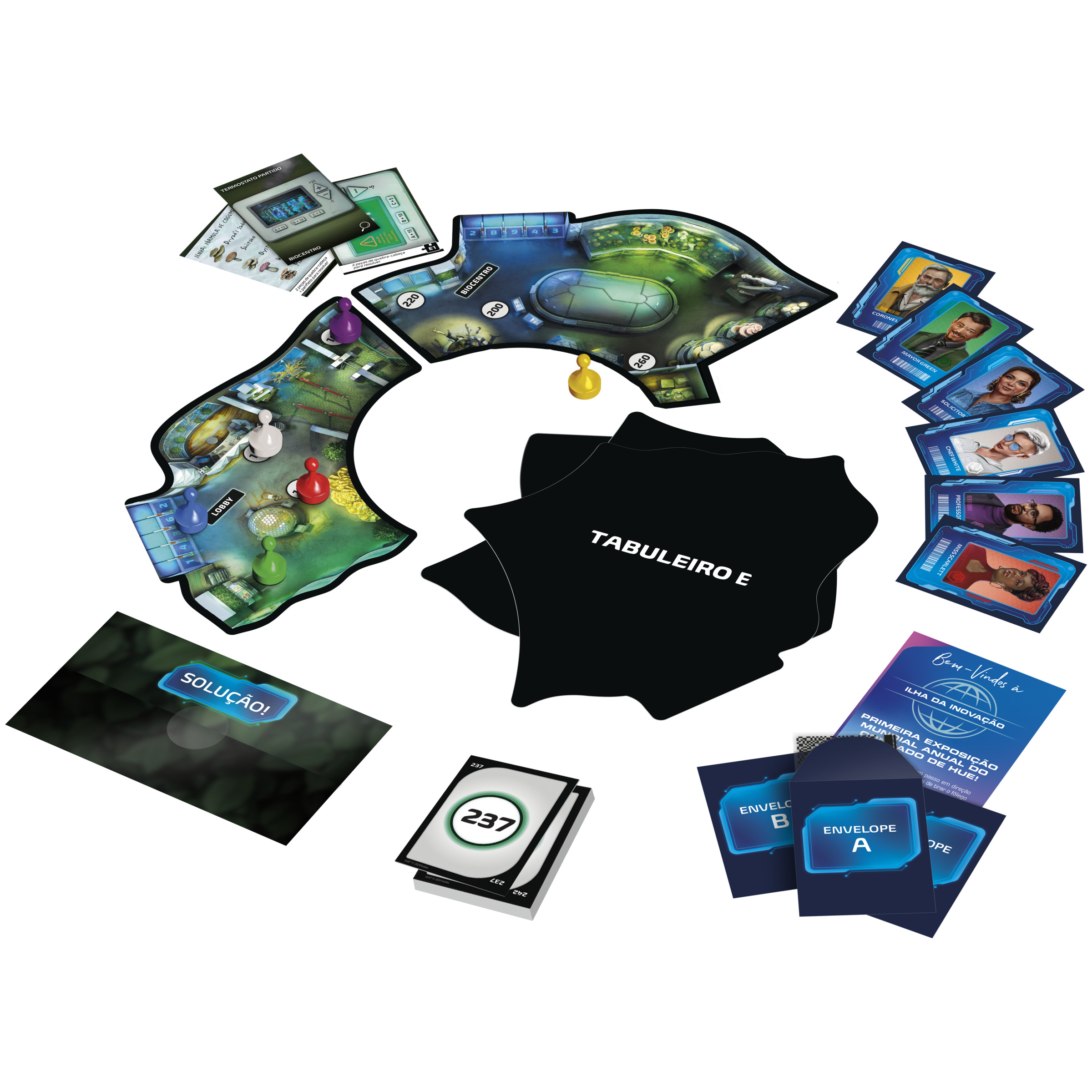 Juego de mesa con varias cartas y piezas de juego, dispuestas sobre una superficie blanca.